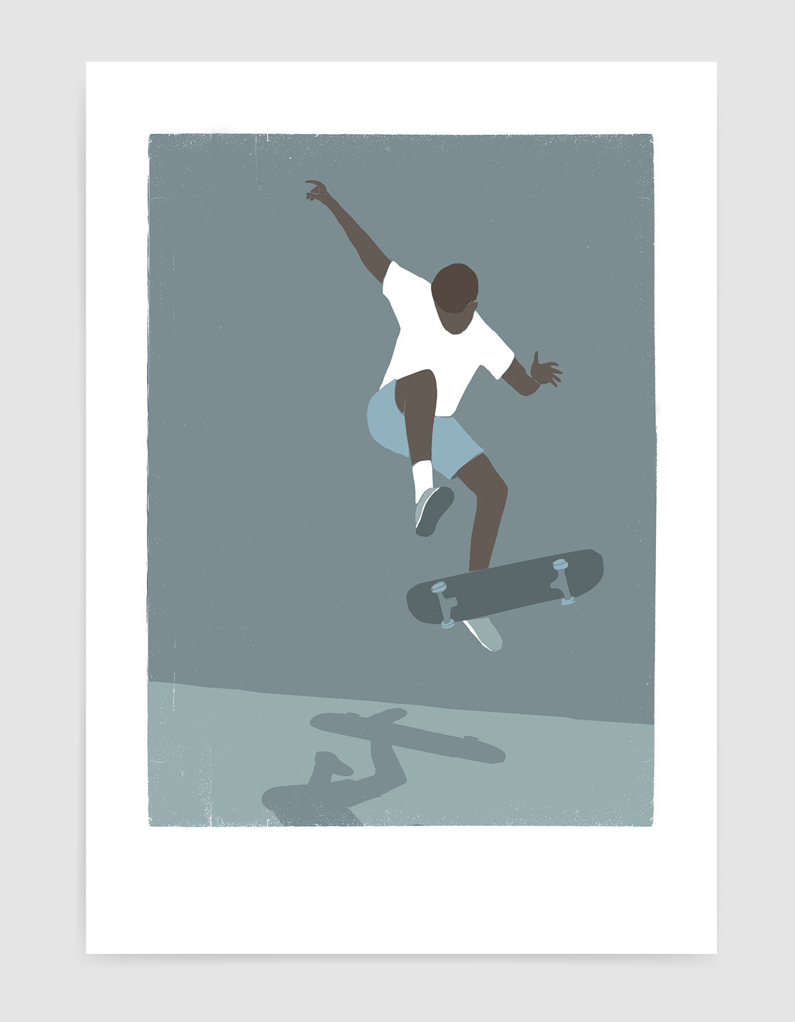 A modern minimal skateboard print featuring a skateboarder in action, perfect for urban-themed decor.