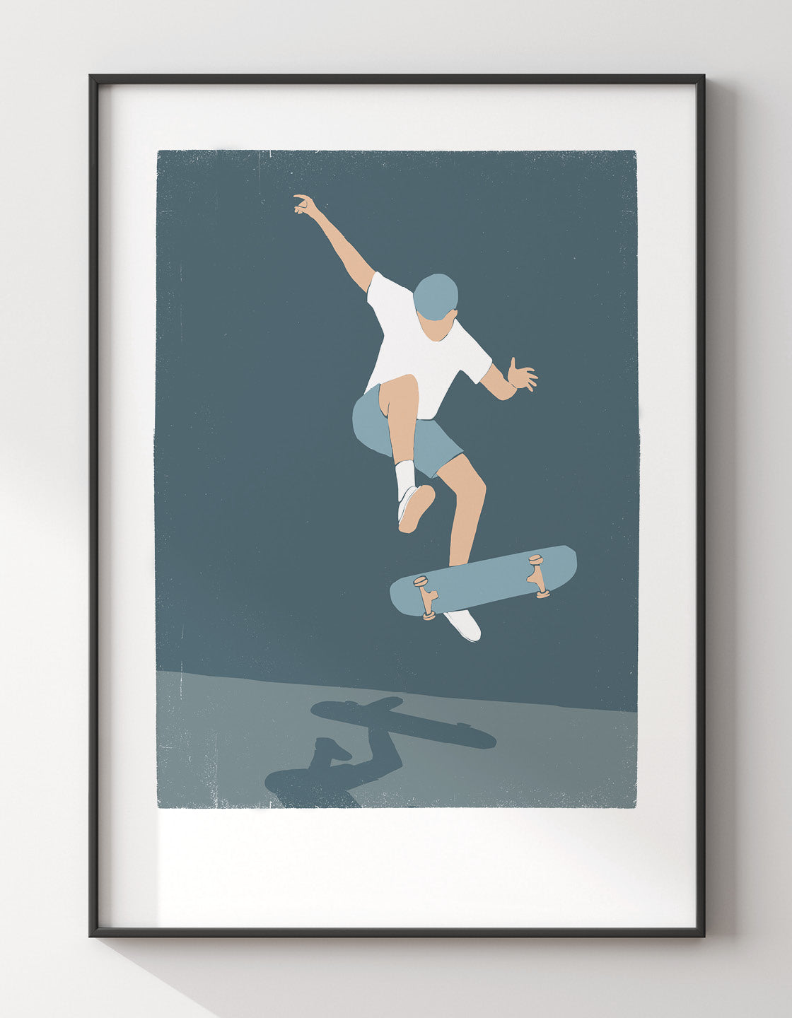 A modern minimal skateboard print featuring a skateboarder in action, perfect for urban-themed decor.