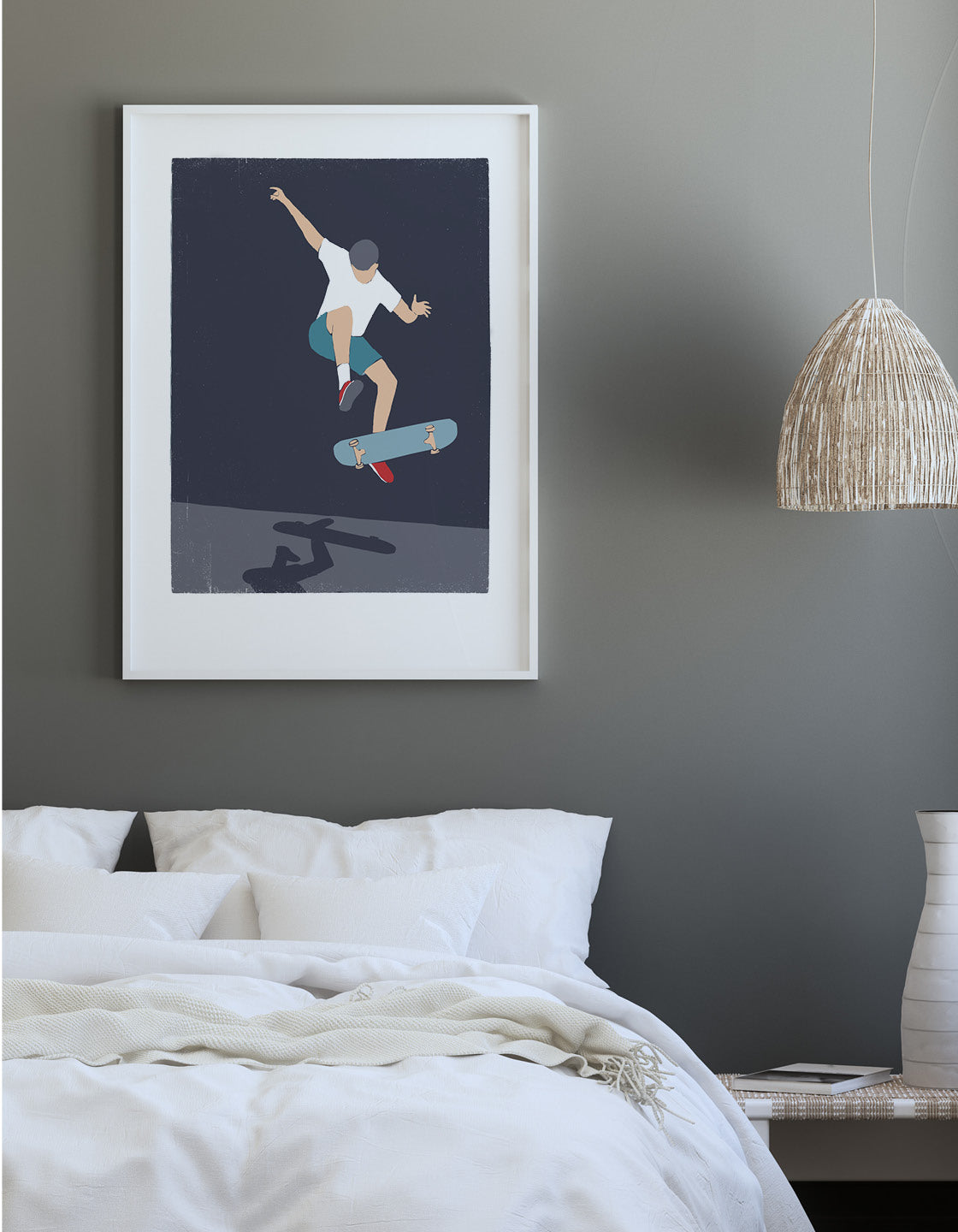 A modern minimal skateboard print featuring a skateboarder in action, perfect for urban-themed decor.