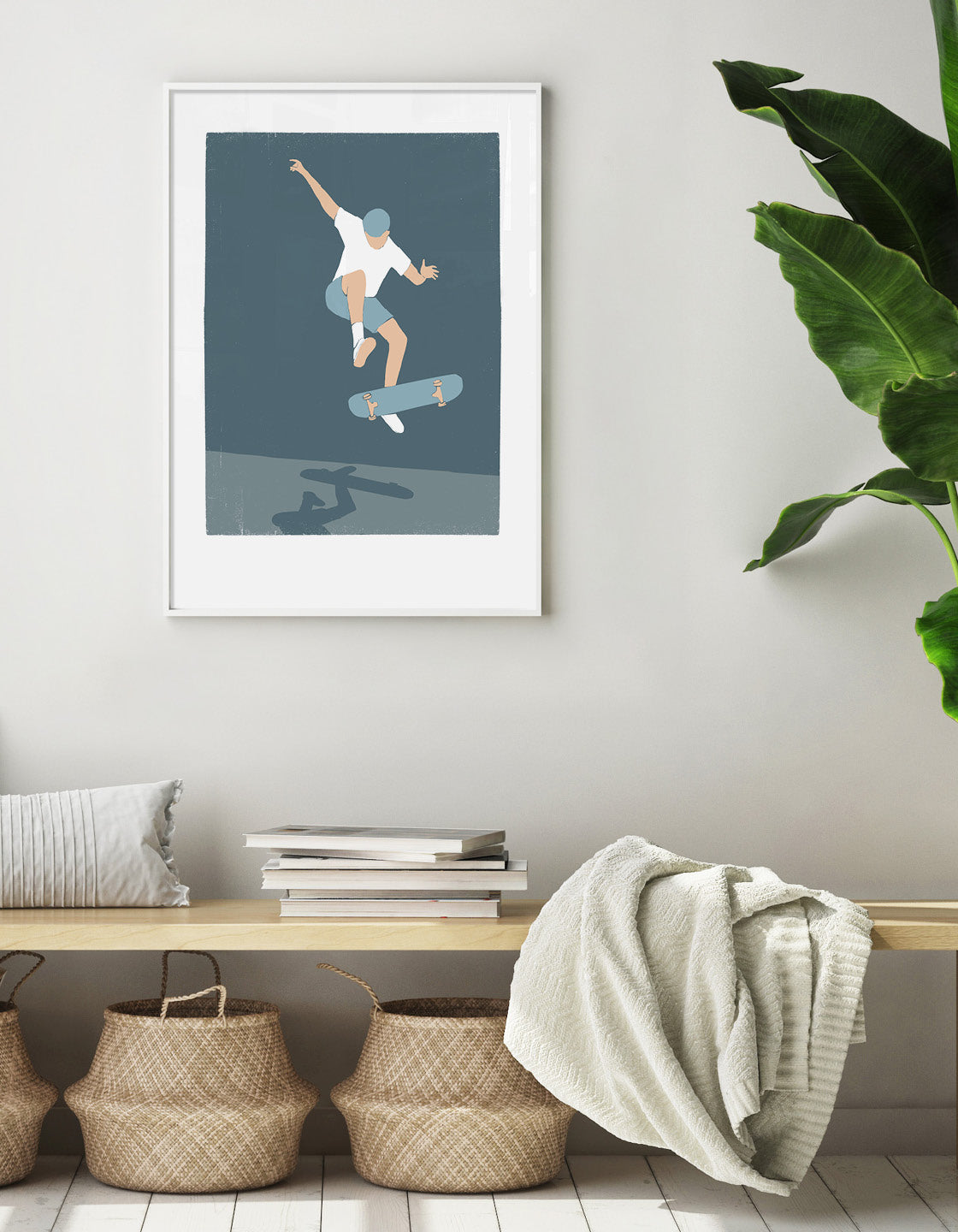 A modern minimal skateboard print featuring a skateboarder in action, perfect for urban-themed decor.