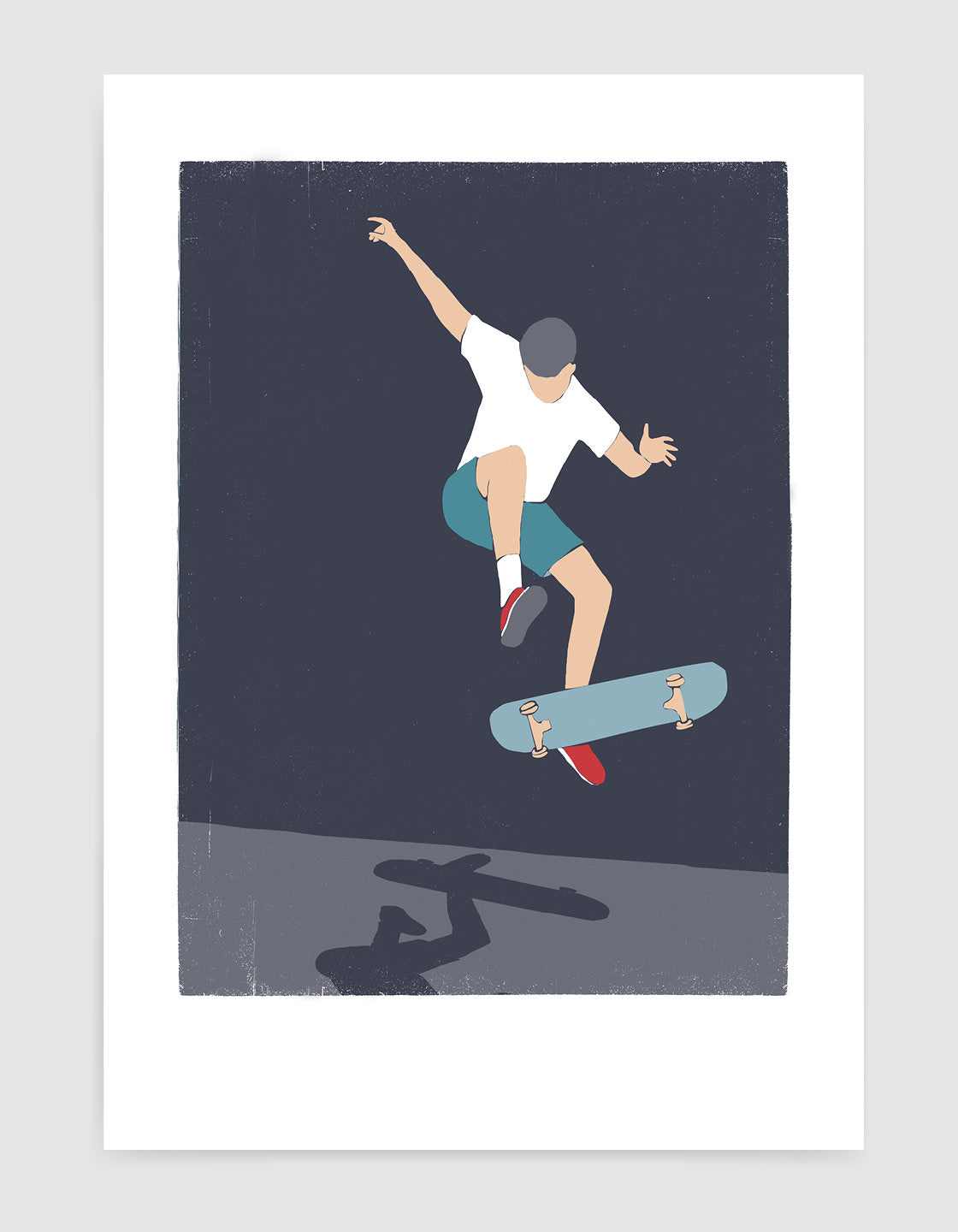 A modern minimal skateboard print featuring a skateboarder in action, perfect for urban-themed decor.