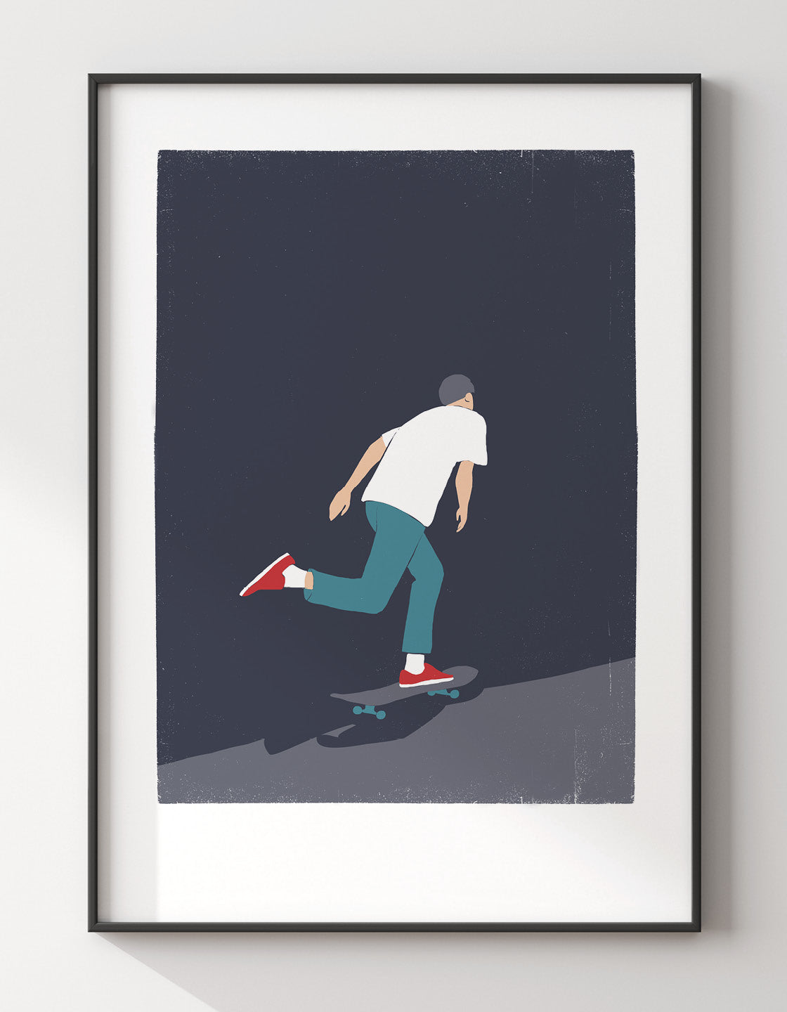 A minimalist art piece featuring a skateboarder in muted colors, perfect for modern decor.