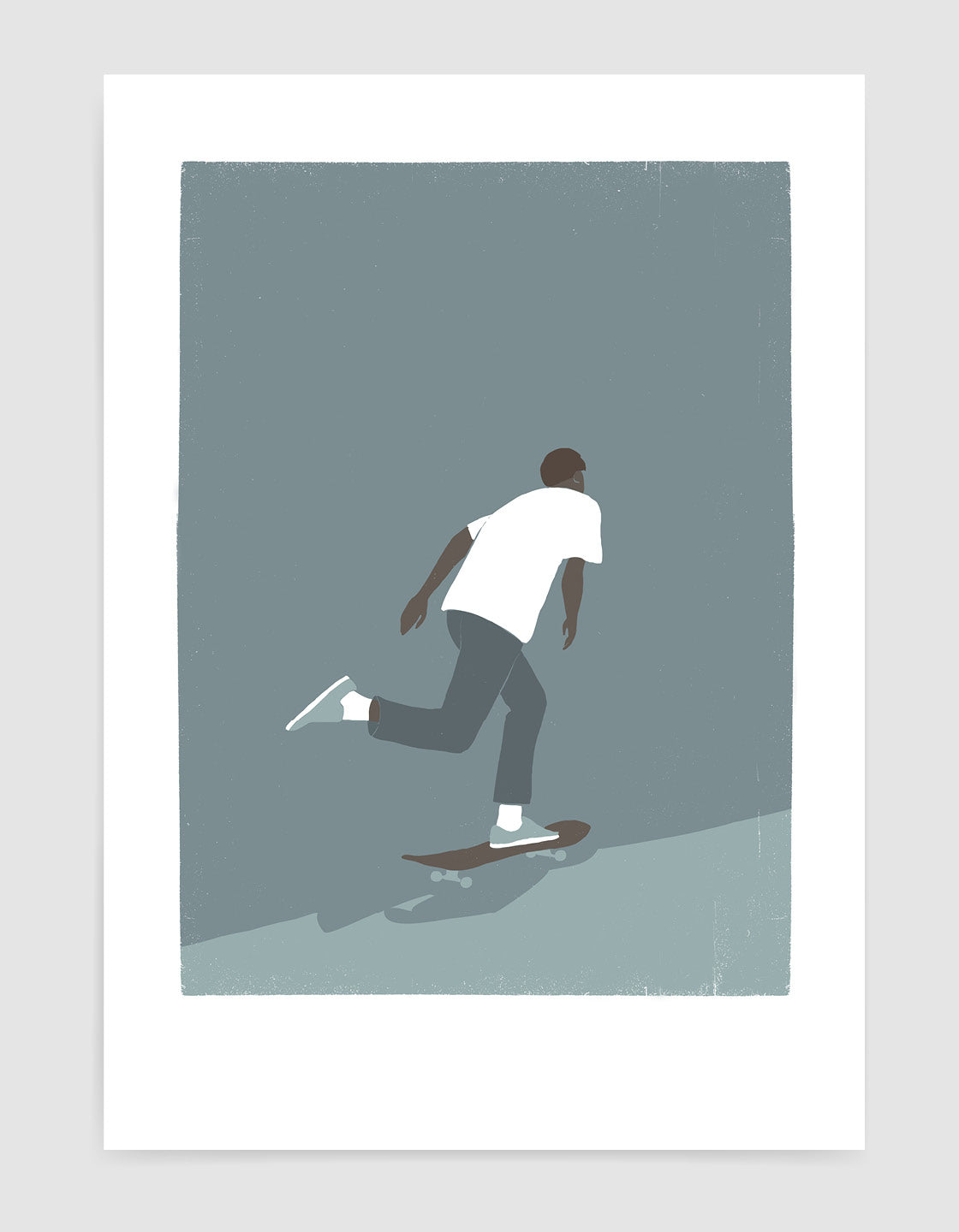 A minimalist art piece featuring a skateboarder in muted colors, perfect for modern decor.