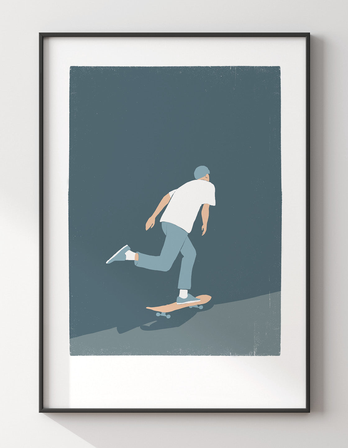 A minimalist art piece featuring a skateboarder in muted colors, perfect for modern decor.