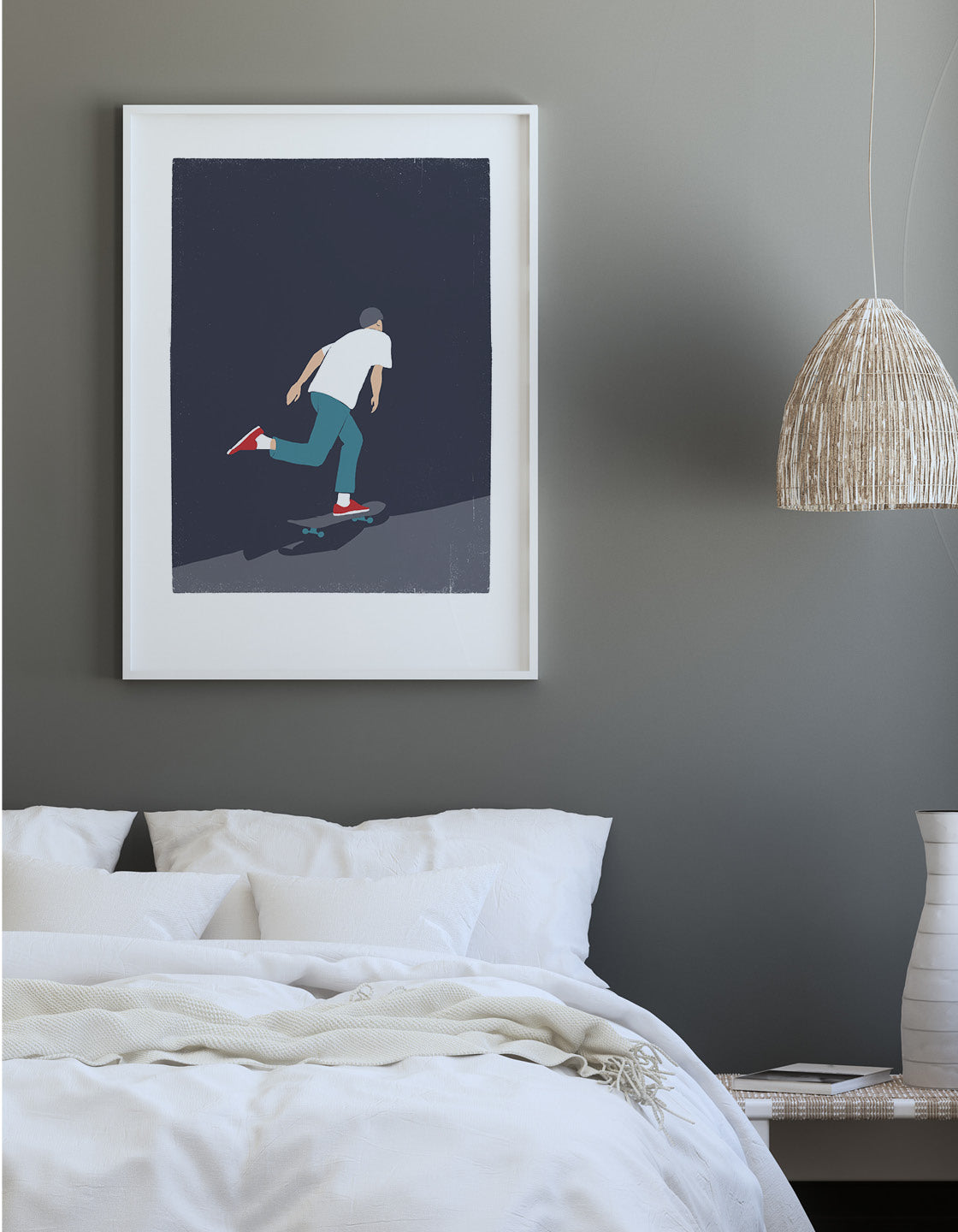 A minimalist art piece featuring a skateboarder in muted colors, perfect for modern decor.