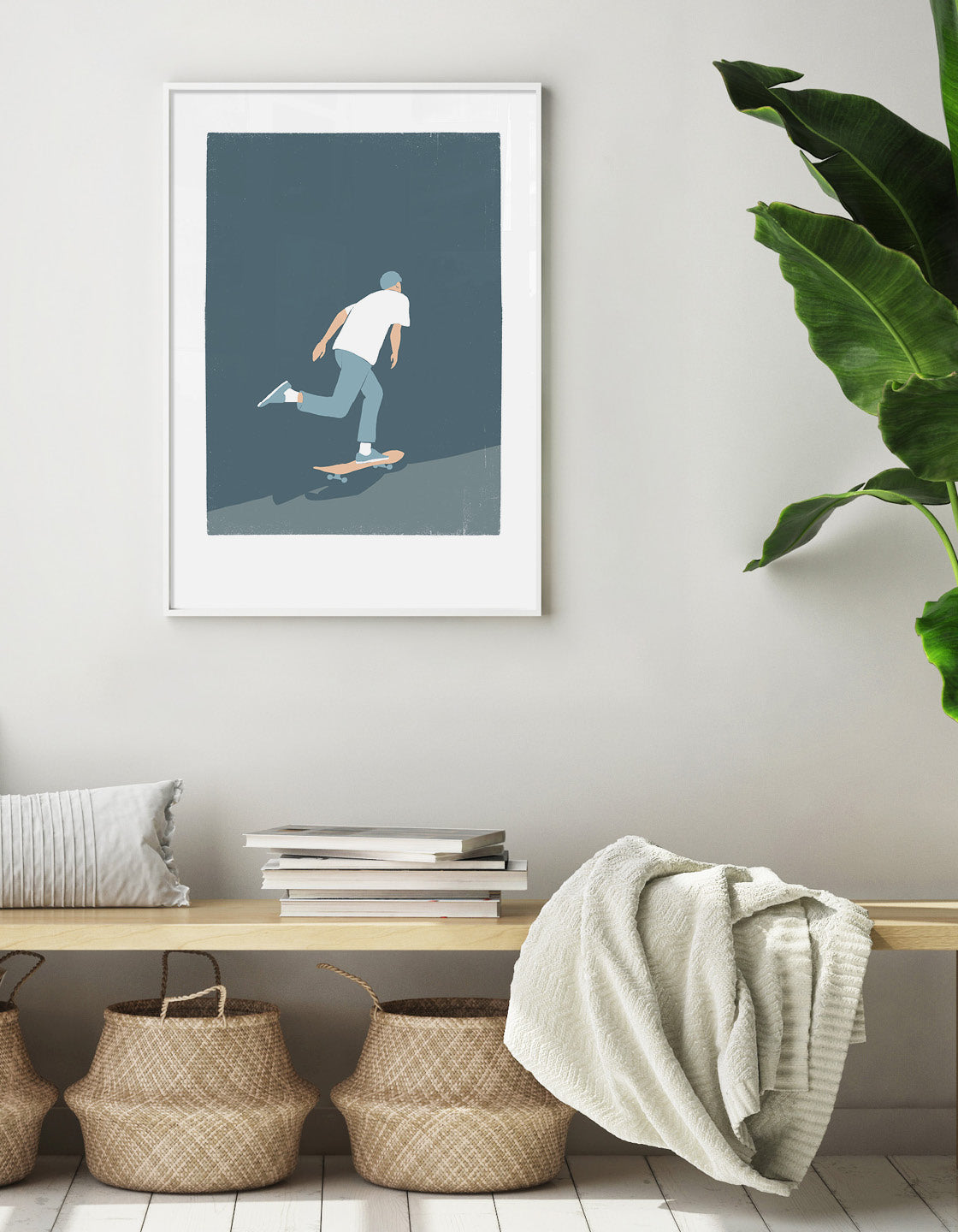 A minimalist art piece featuring a skateboarder in muted colors, perfect for modern decor.