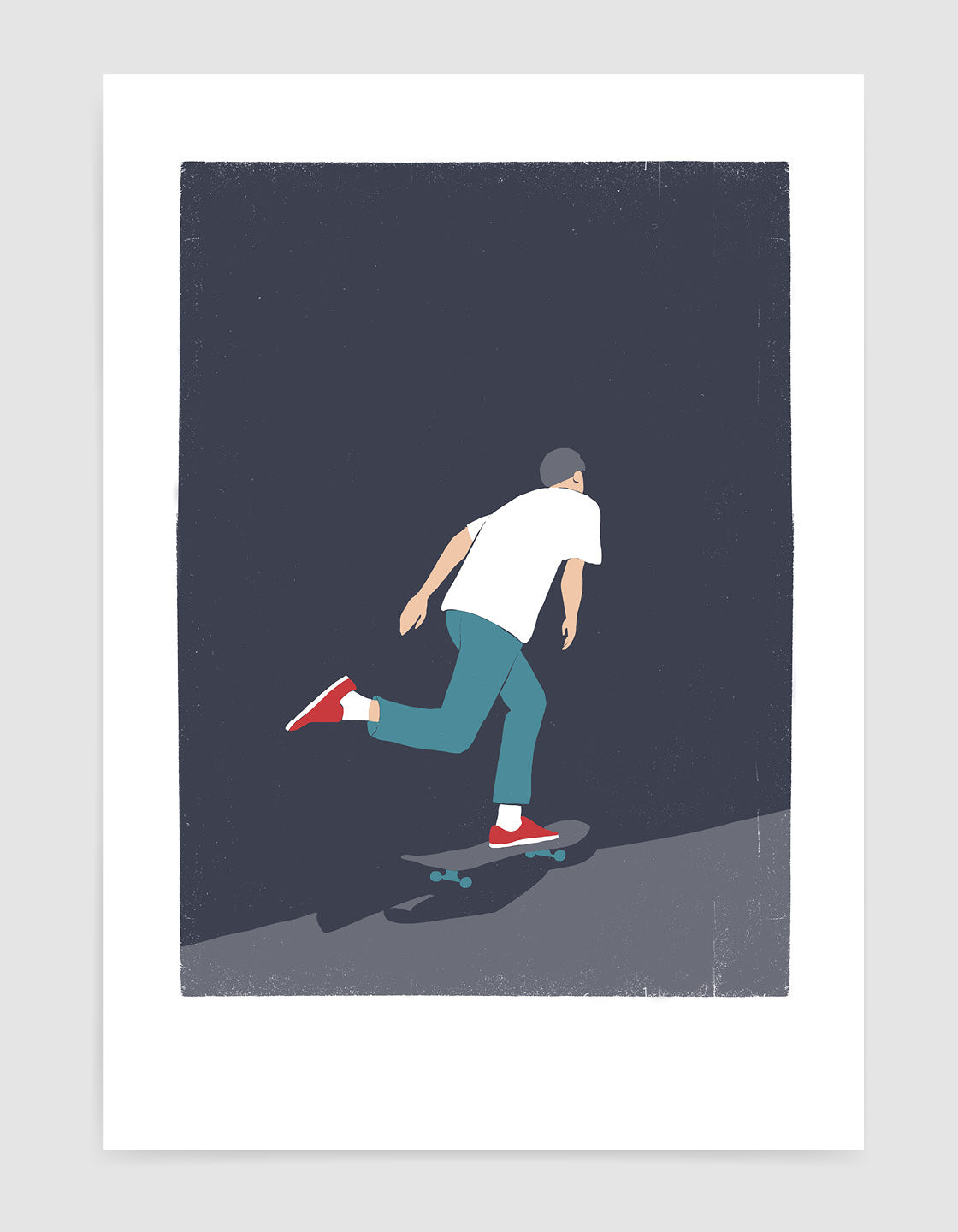 A minimalist art piece featuring a skateboarder in muted colors, perfect for modern decor.