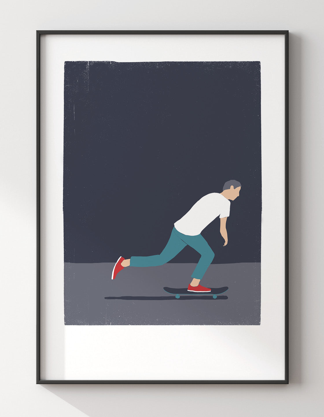 A vibrant skateboarding man print showcasing dynamic movement and energy, perfect for skate culture enthusiasts.