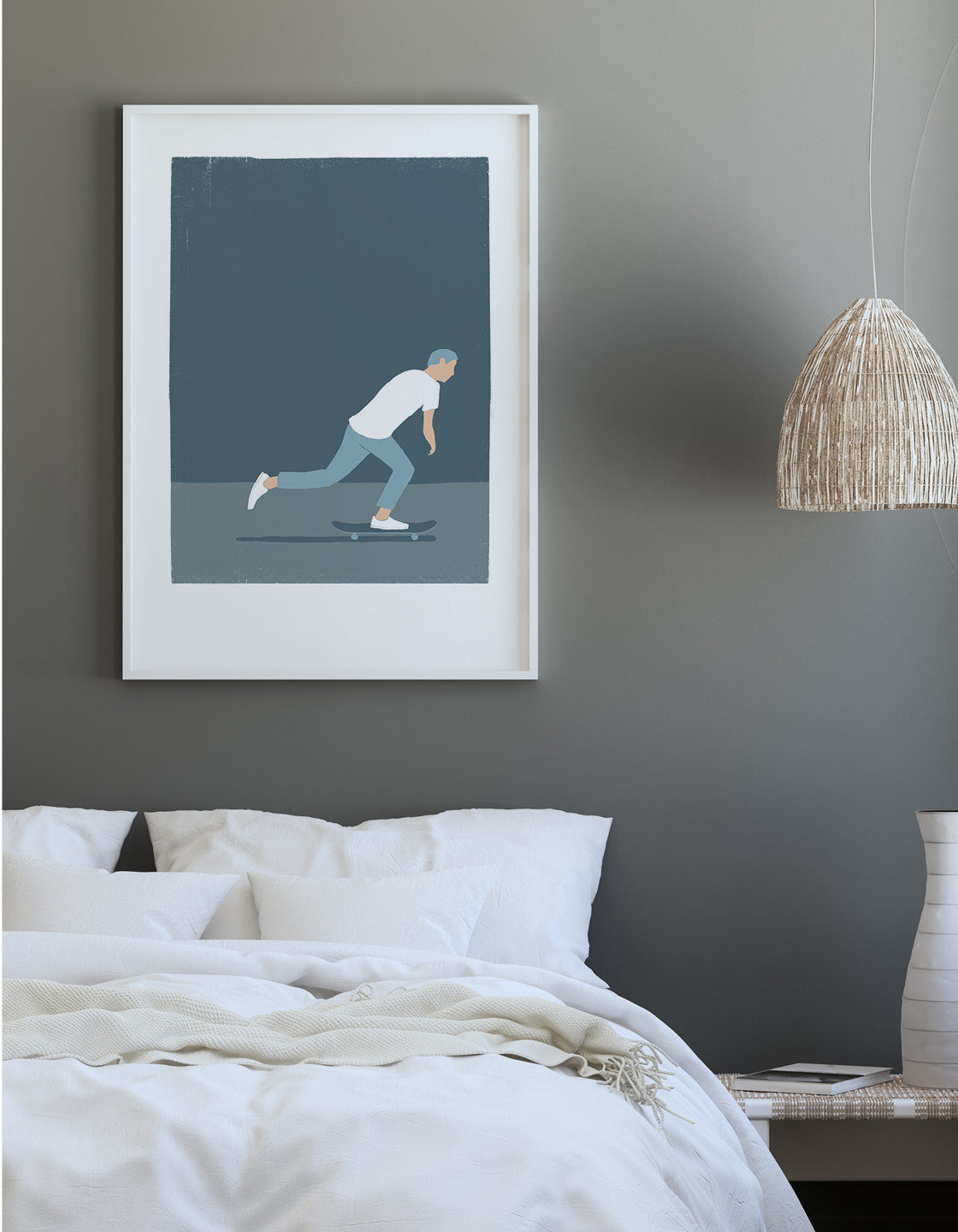 A vibrant skateboarding man print showcasing dynamic movement and energy, perfect for skate culture enthusiasts.