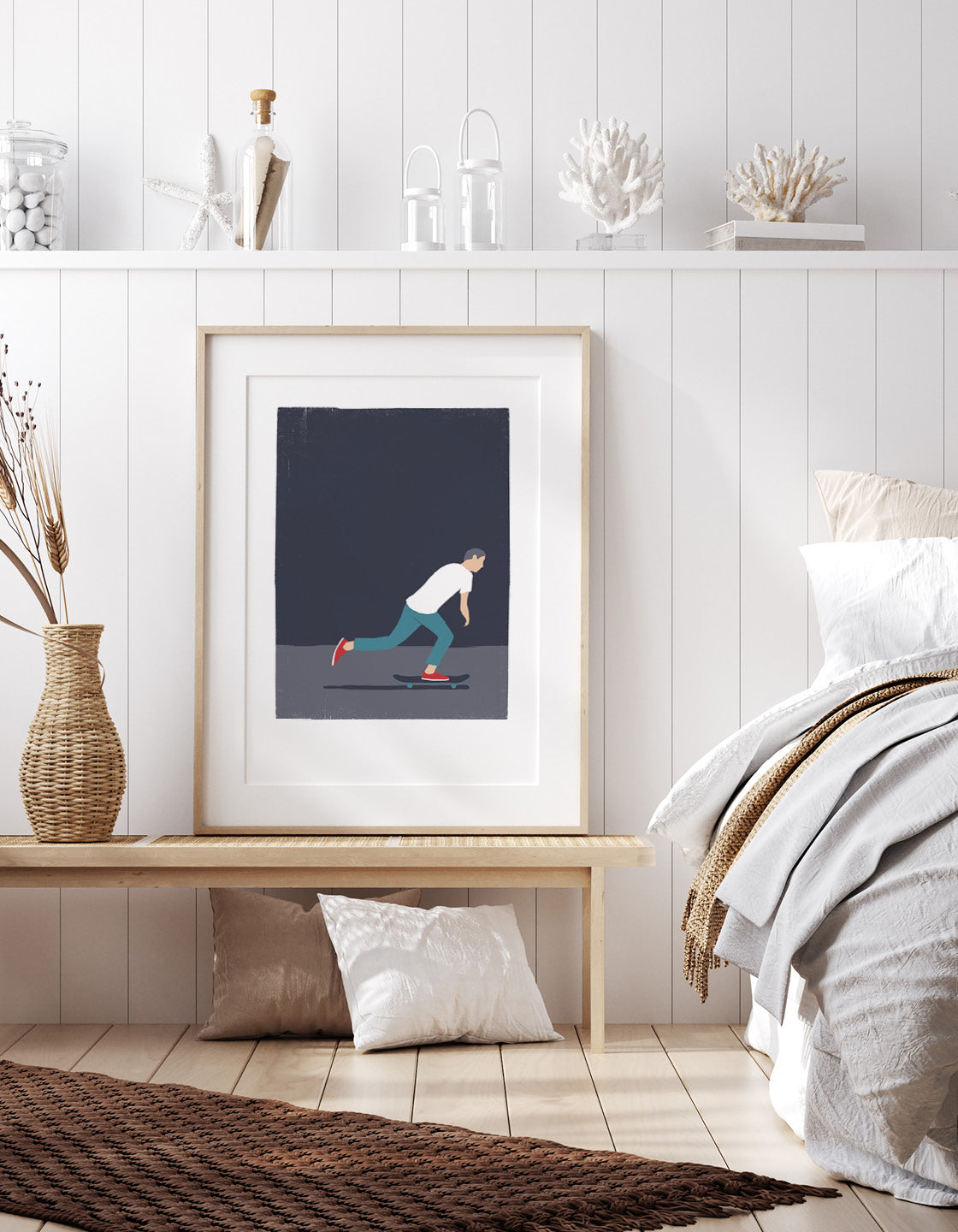 A vibrant skateboarding man print showcasing dynamic movement and energy, perfect for skate culture enthusiasts.