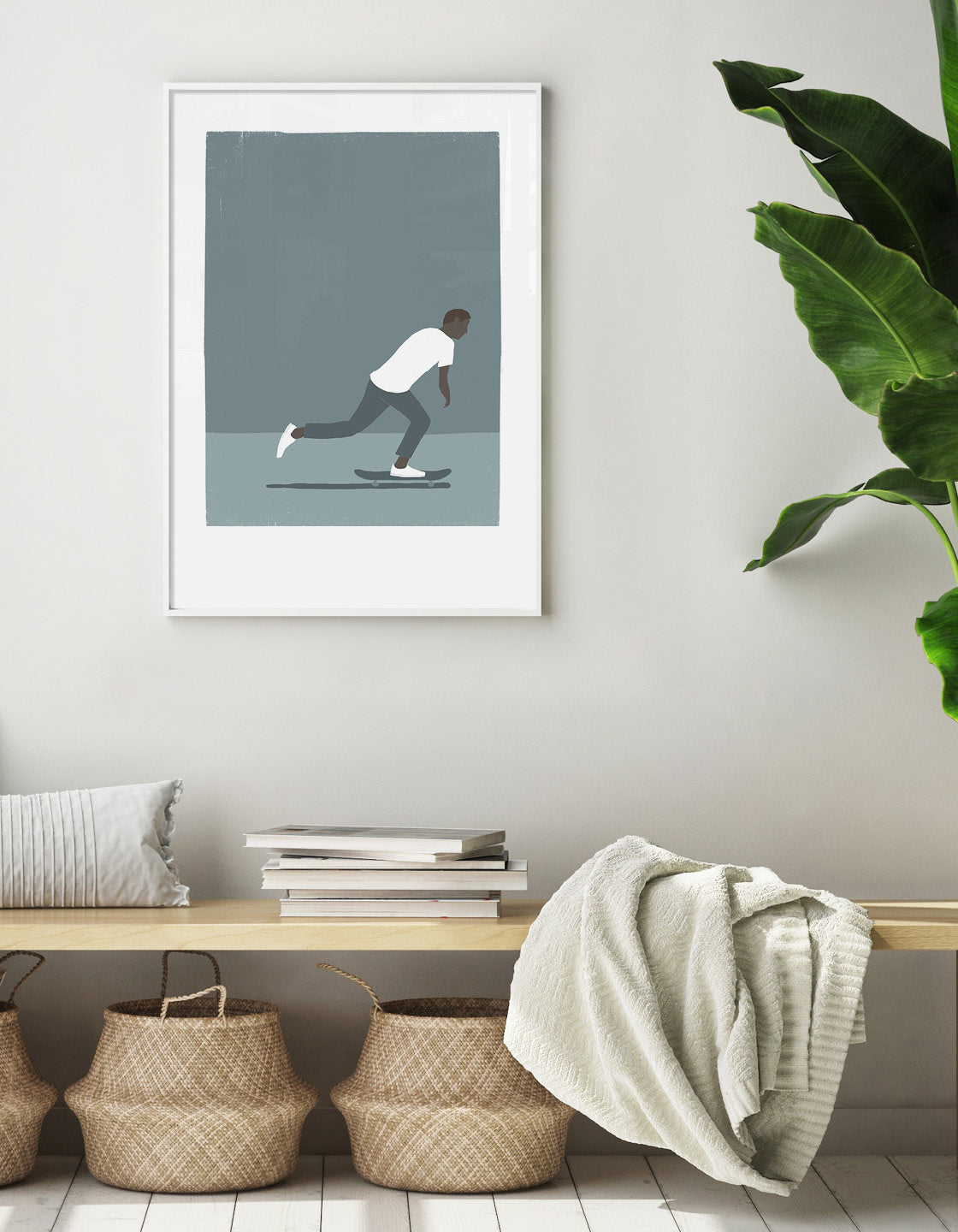 A vibrant skateboarding man print showcasing dynamic movement and energy, perfect for skate culture enthusiasts.