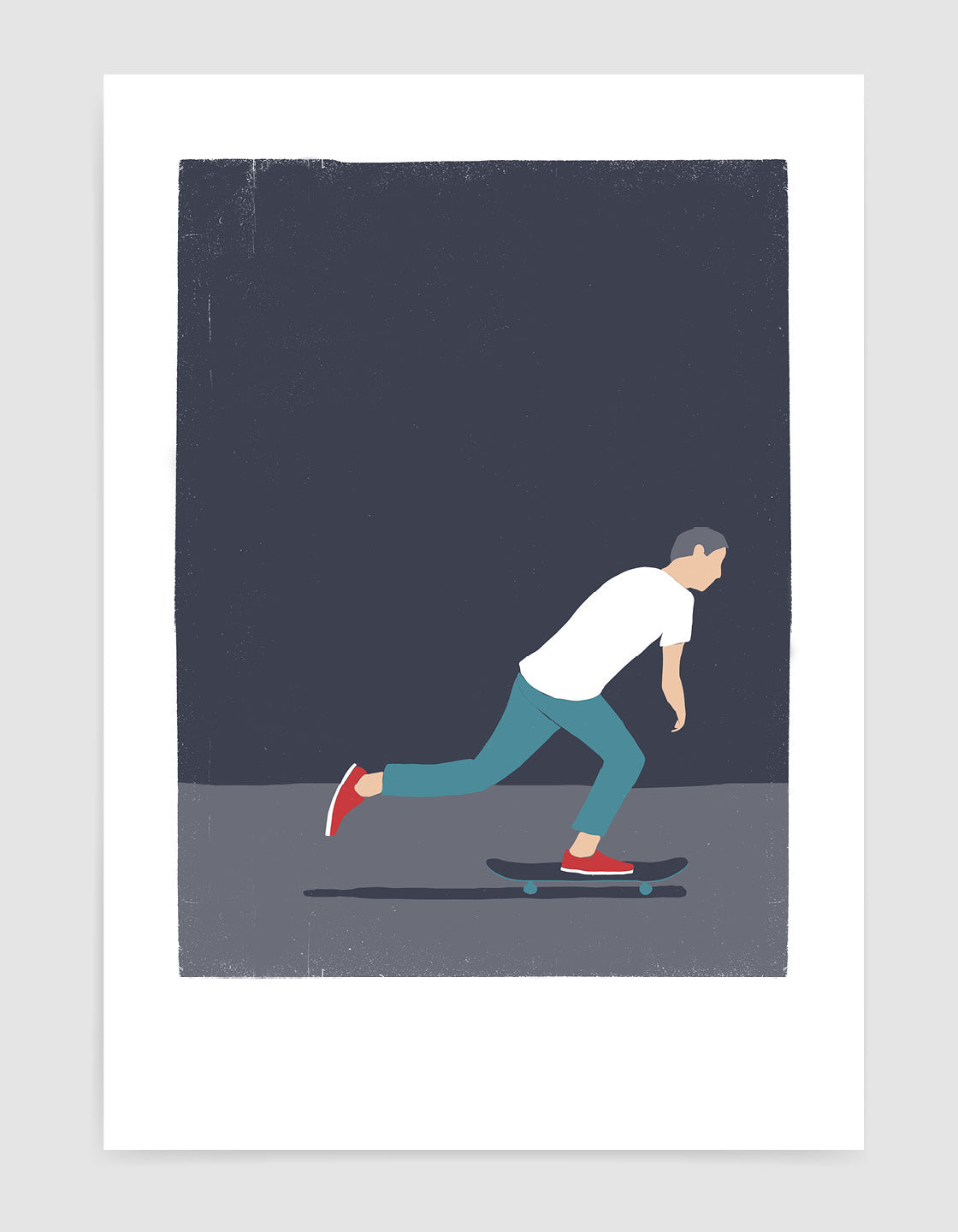 A vibrant skateboarding man print showcasing dynamic movement and energy, perfect for skate culture enthusiasts.