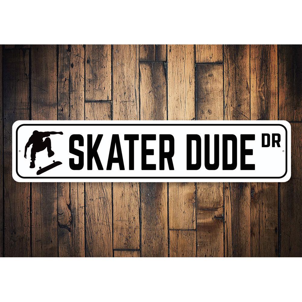 Skater Dude Drive Sign made of high-quality aluminum, featuring a vibrant design perfect for home decor.