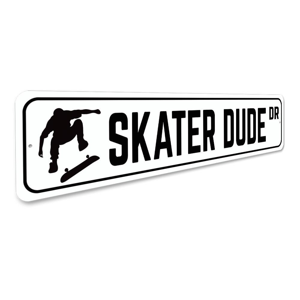 Skater Dude Drive Sign made of high-quality aluminum, featuring a vibrant design perfect for home decor.