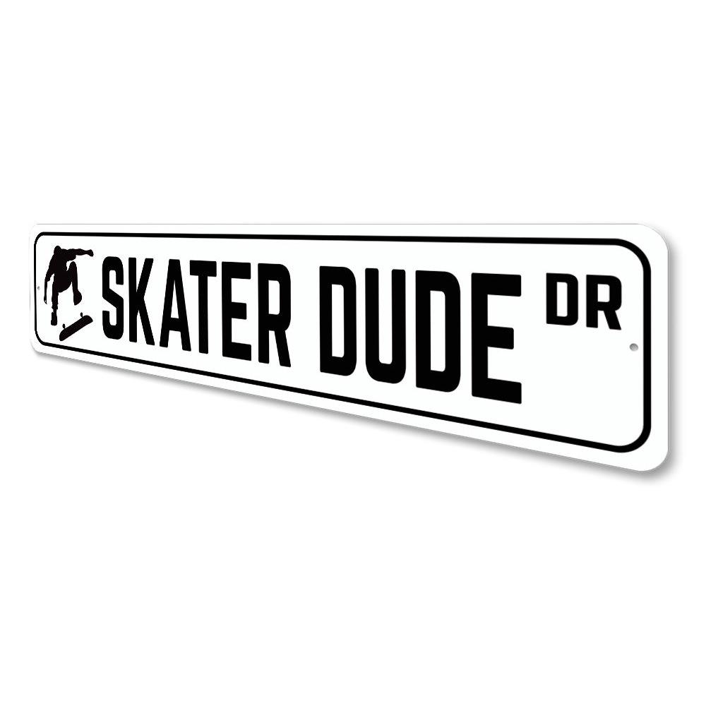 Skater Dude Drive Sign made of high-quality aluminum, featuring a vibrant design perfect for home decor.