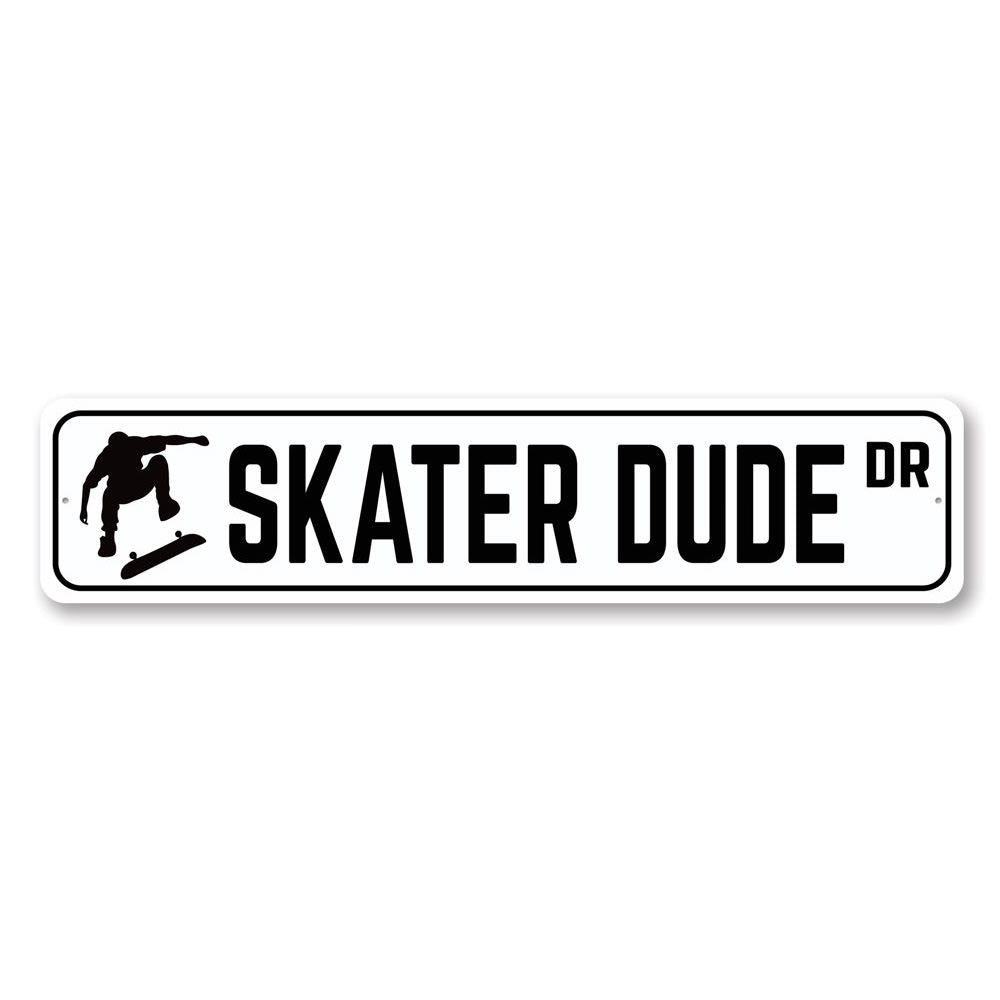 Skater Dude Drive Sign made of high-quality aluminum, featuring a vibrant design perfect for home decor.