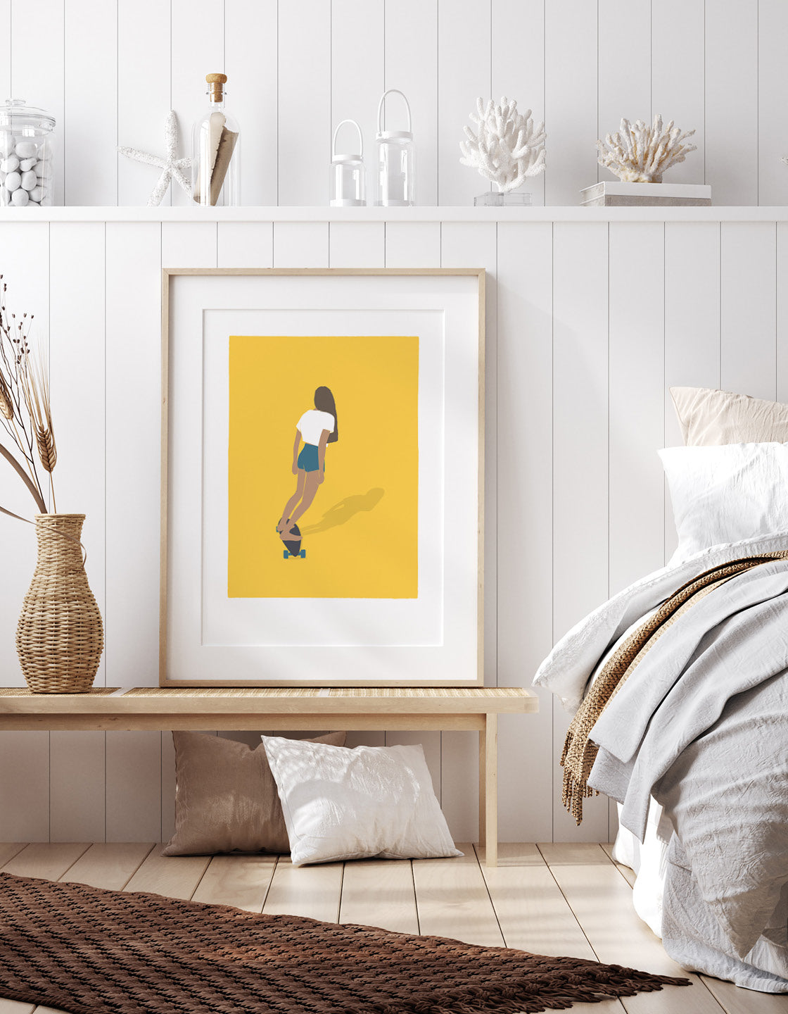 A vibrant art print of a skater girl in action, showcasing dynamic movement and colorful design, perfect for skateboarding enthusiasts.