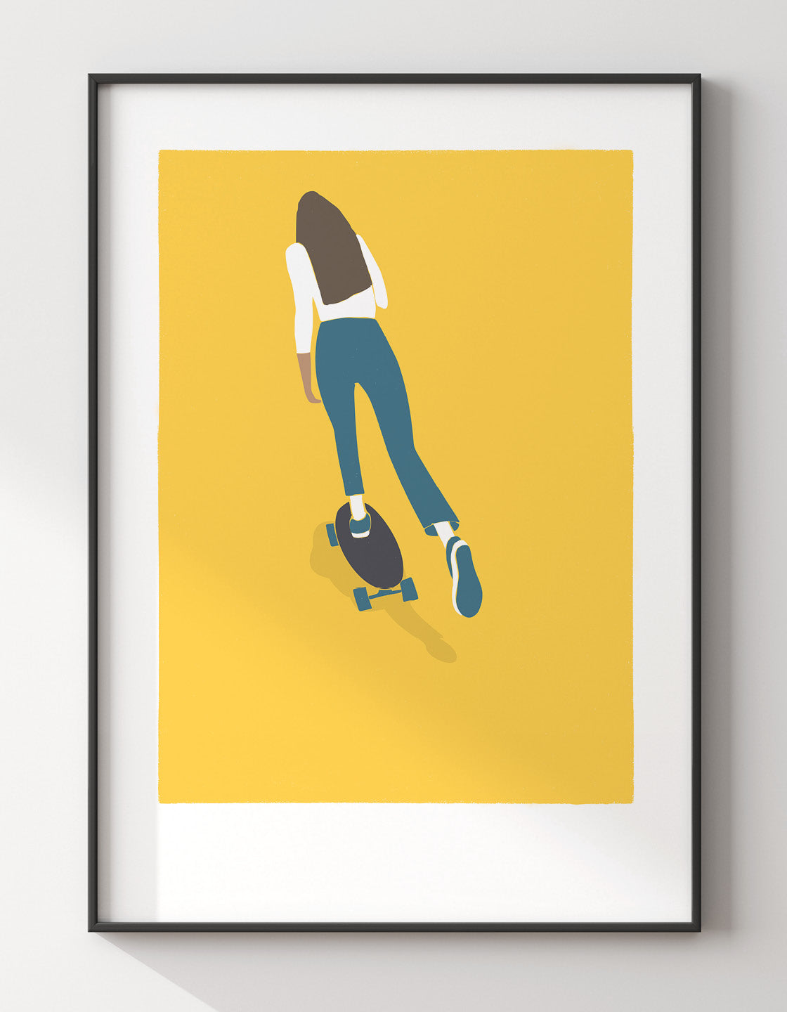 Skater Girl II art print featuring a dynamic skateboarder in vibrant colors, perfect for skate culture enthusiasts.