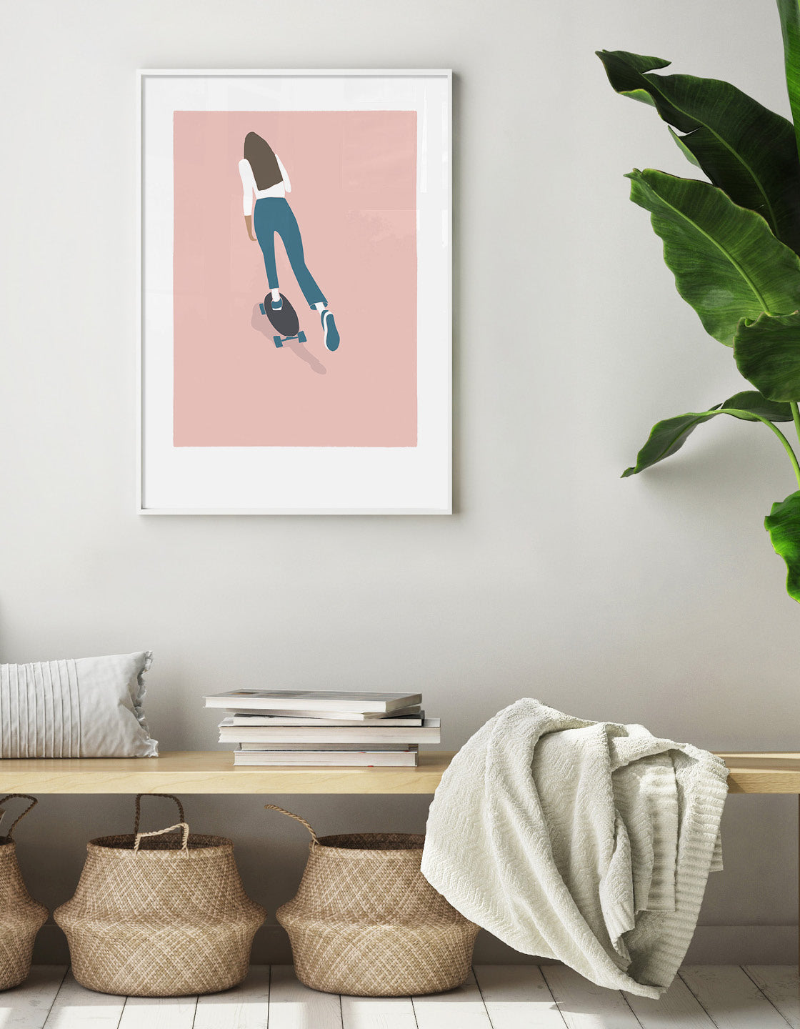 Skater Girl II art print featuring a dynamic skateboarder in vibrant colors, perfect for skate culture enthusiasts.