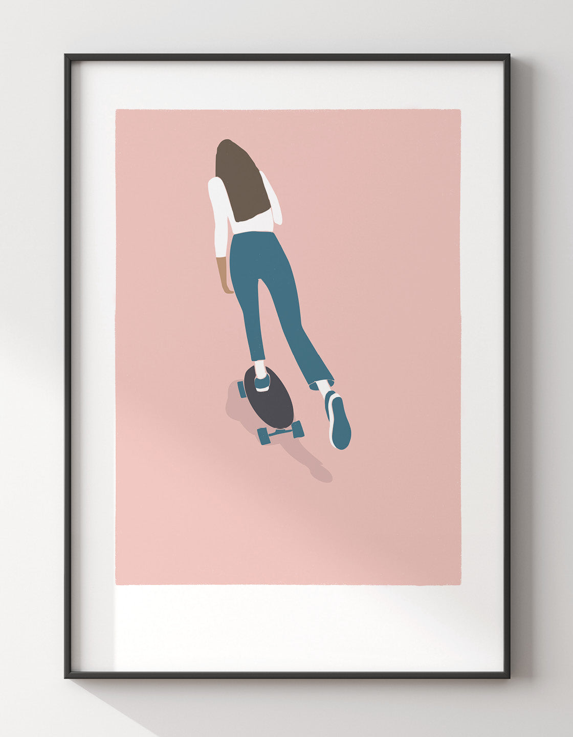 Skater Girl II art print featuring a dynamic skateboarder in vibrant colors, perfect for skate culture enthusiasts.