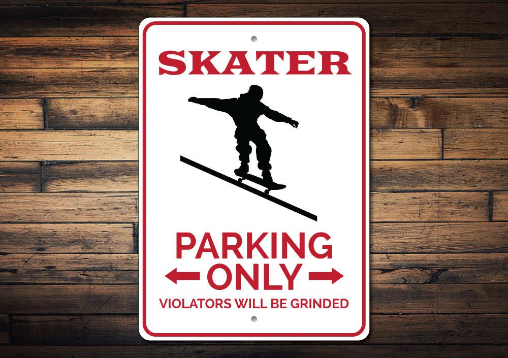 A vibrant Skater Parking Sign made from durable aluminum, featuring customizable text and pre-drilled holes for easy mounting.