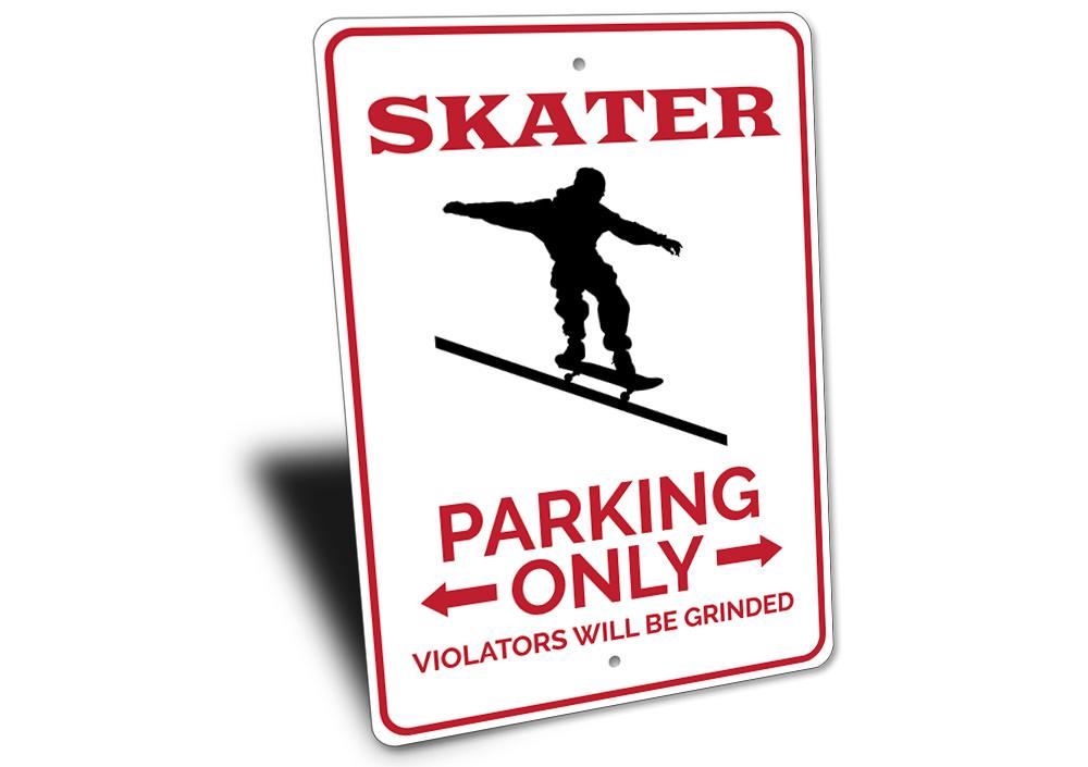 A vibrant Skater Parking Sign made from durable aluminum, featuring customizable text and pre-drilled holes for easy mounting.