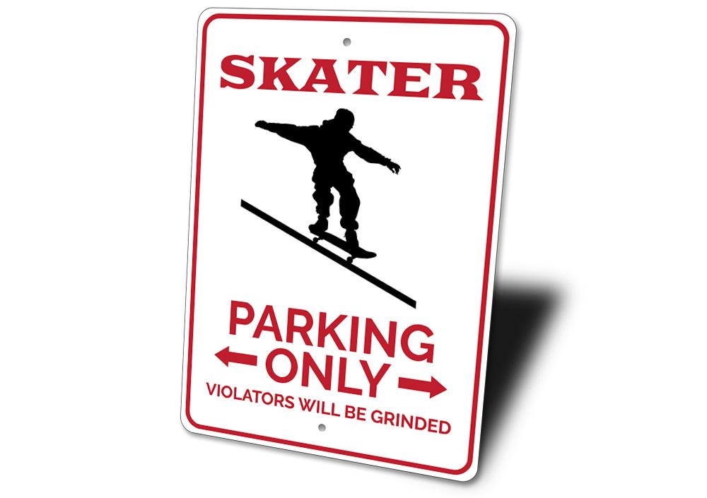 A vibrant Skater Parking Sign made from durable aluminum, featuring customizable text and pre-drilled holes for easy mounting.