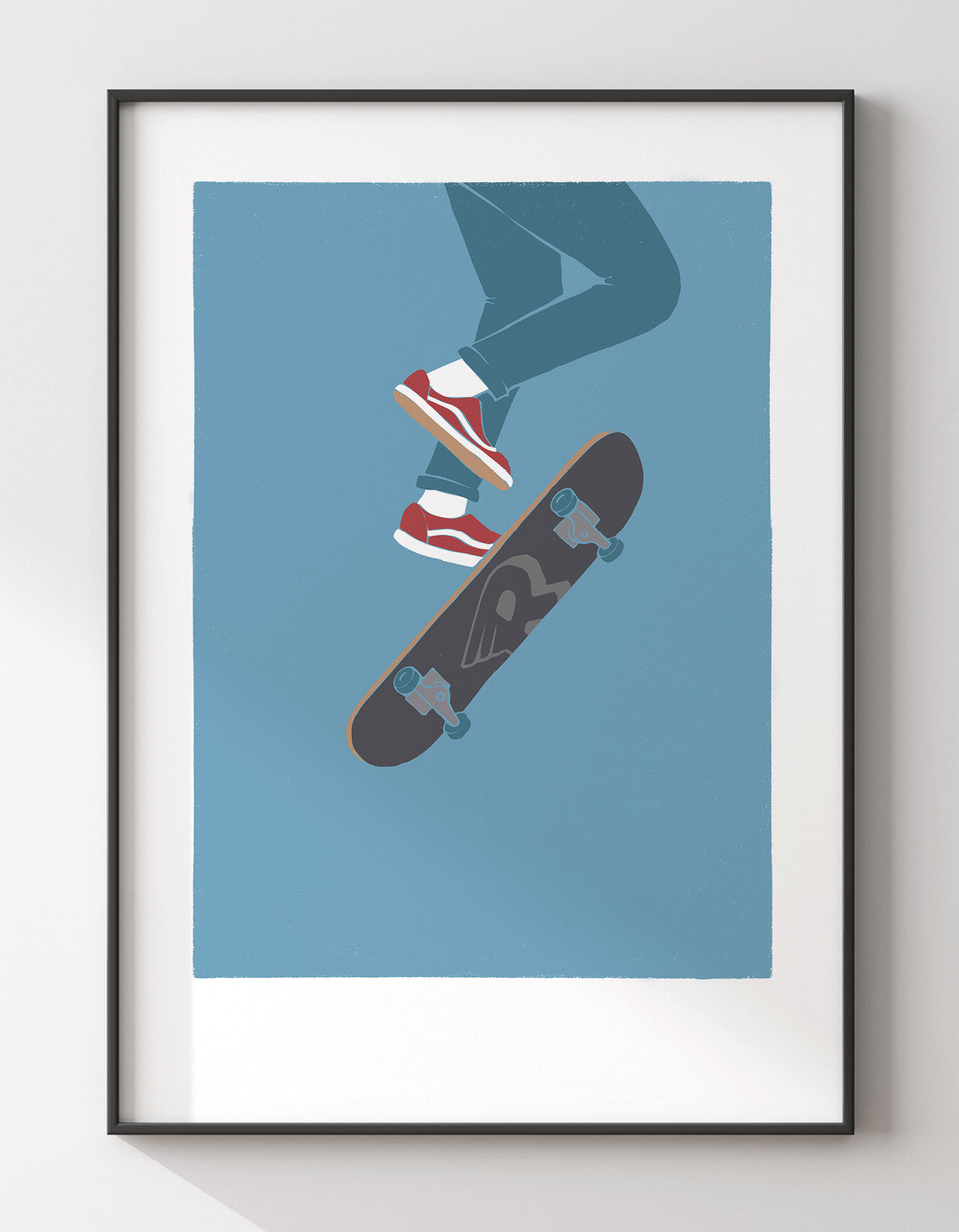 Skater V wall art print featuring bold skateboarding design with vibrant colors, perfect for decorating any space.