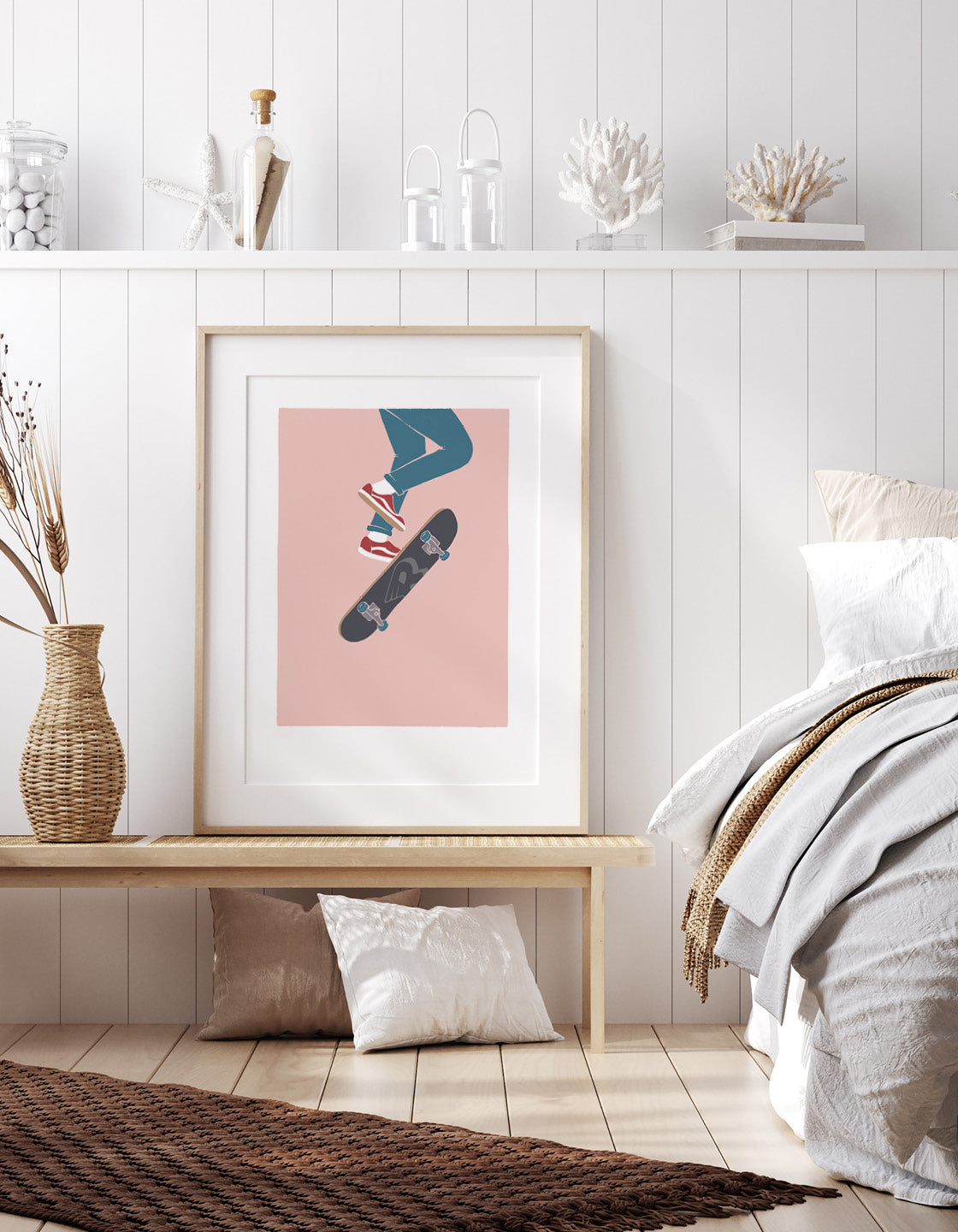 Skater V wall art print featuring bold skateboarding design with vibrant colors, perfect for decorating any space.