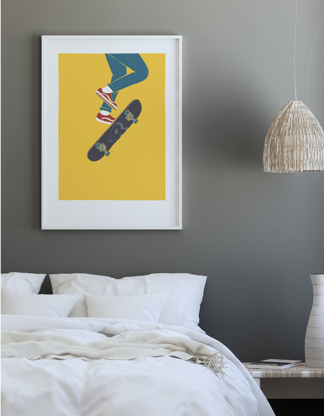 Skater V wall art print featuring bold skateboarding design with vibrant colors, perfect for decorating any space.