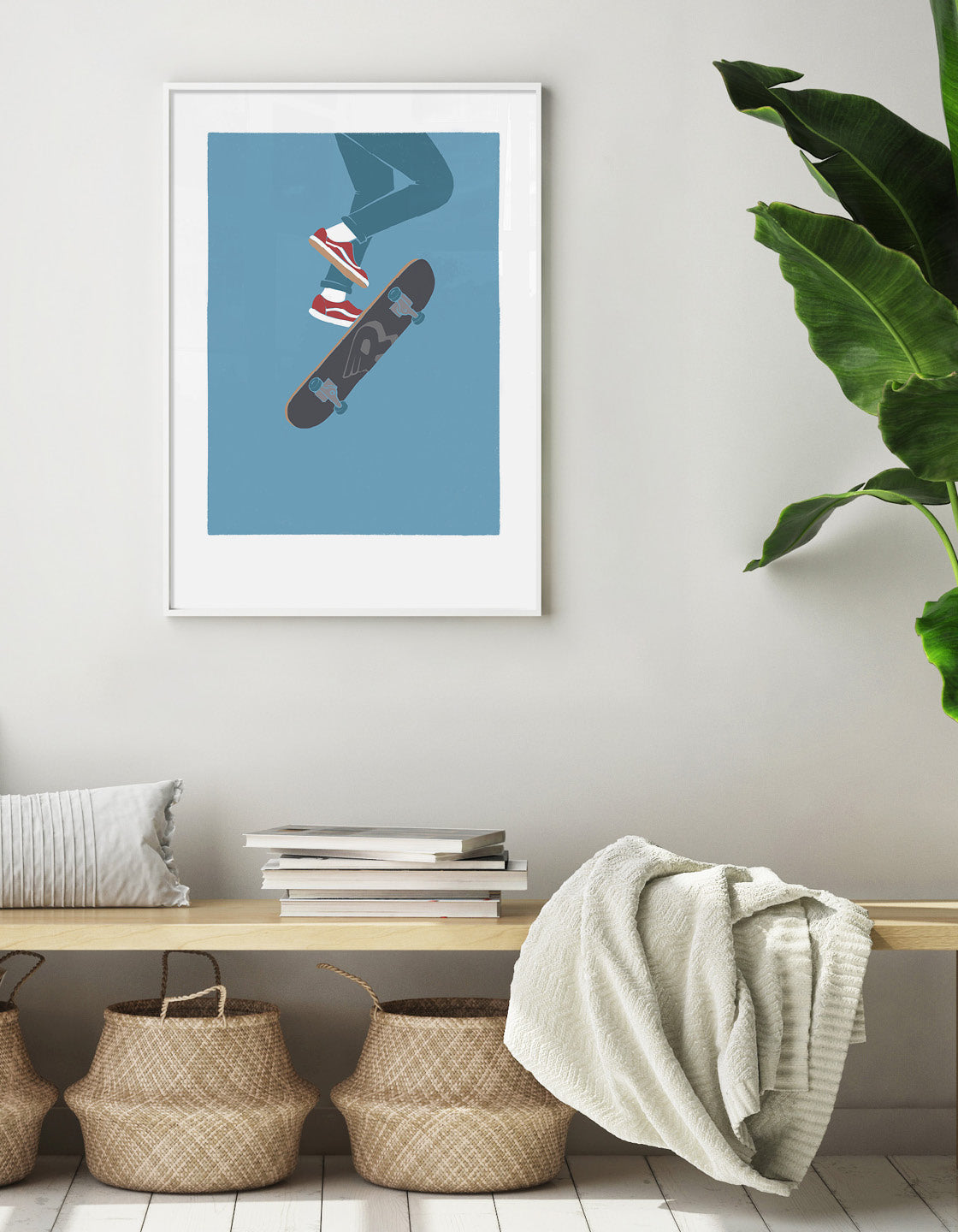 Skater V wall art print featuring bold skateboarding design with vibrant colors, perfect for decorating any space.