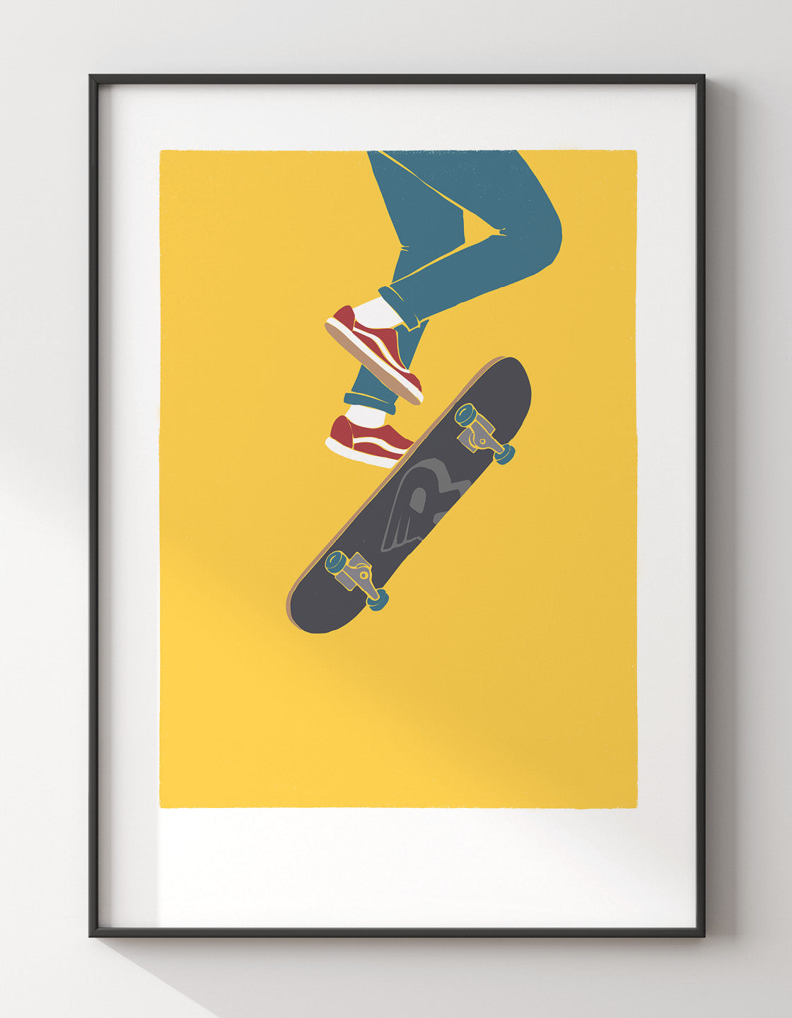 Skater V wall art print featuring bold skateboarding design with vibrant colors, perfect for decorating any space.