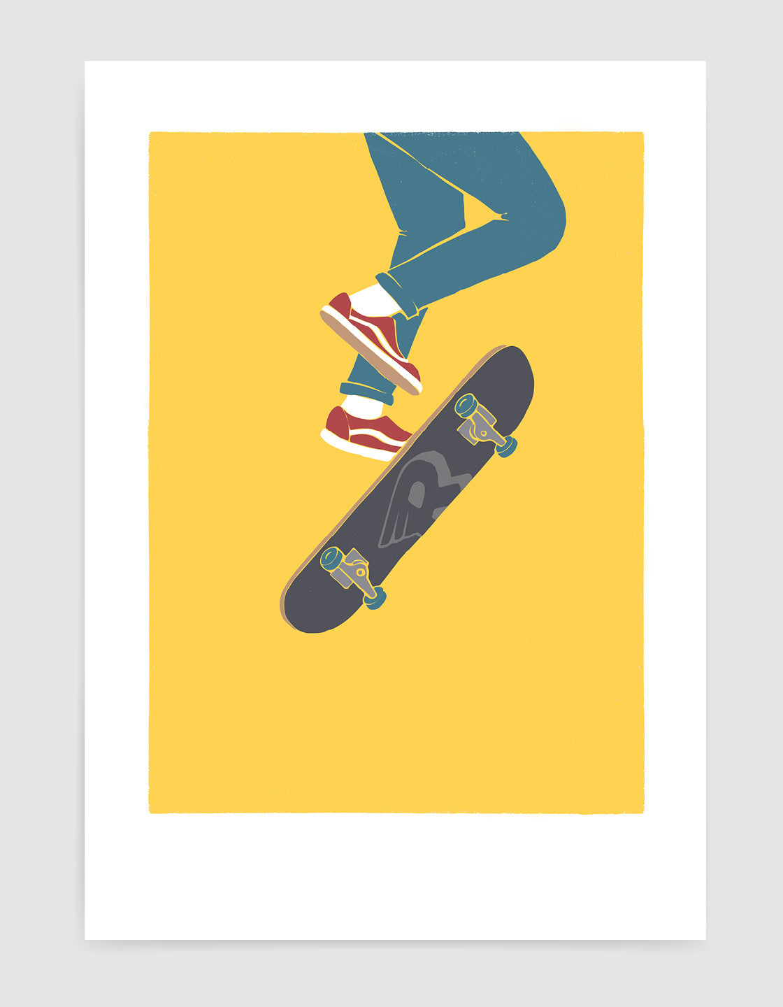 Skater V wall art print featuring bold skateboarding design with vibrant colors, perfect for decorating any space.