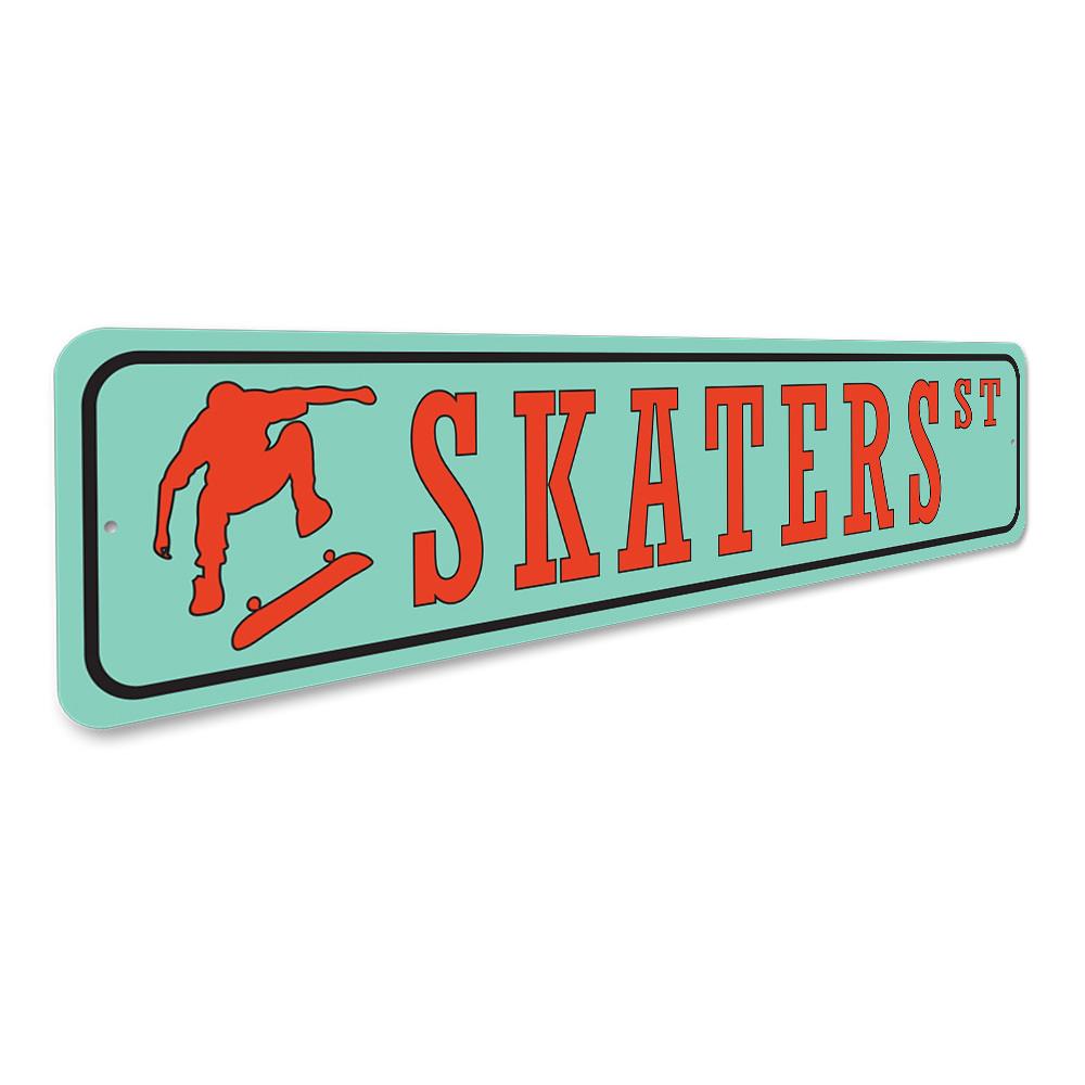 Skaters Street Sign made of quality aluminum, featuring vibrant colors and a unique design, perfect for home decor.