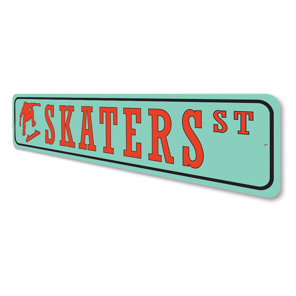 Skaters Street Sign made of quality aluminum, featuring vibrant colors and a unique design, perfect for home decor.