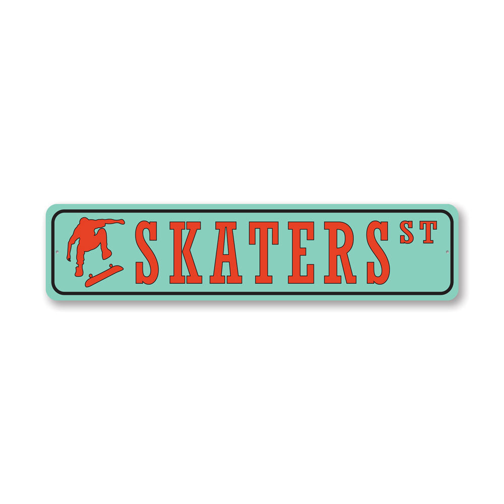 Skaters Street Sign made of quality aluminum, featuring vibrant colors and a unique design, perfect for home decor.