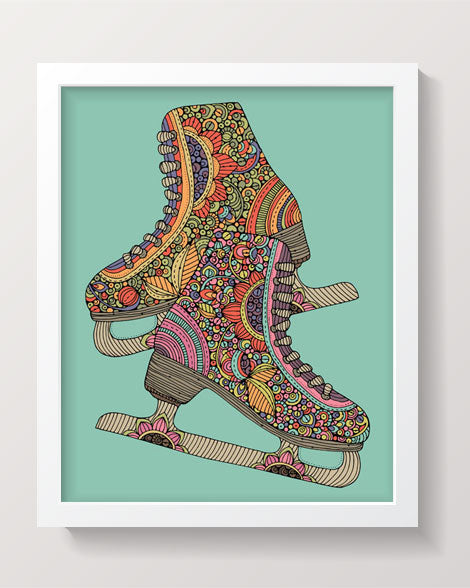 An archival art print of skates, showcasing original pen and ink art with vibrant digital coloring, ready to frame.