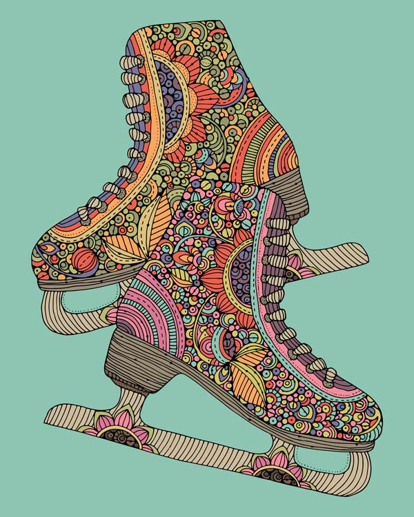 An archival art print of skates, showcasing original pen and ink art with vibrant digital coloring, ready to frame.