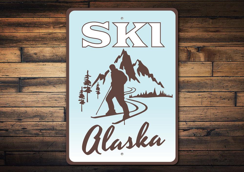 Ski Alaska Sign made of high-quality aluminum, featuring a beautiful design perfect for home decor.