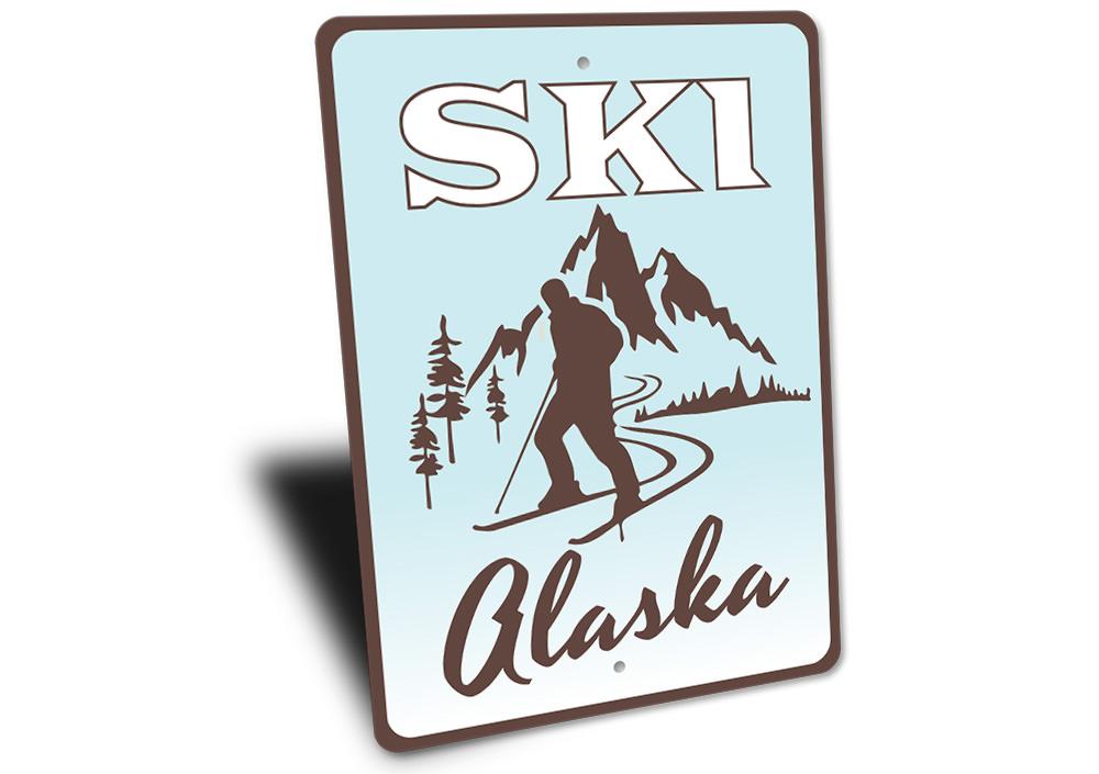 Ski Alaska Sign made of high-quality aluminum, featuring a beautiful design perfect for home decor.