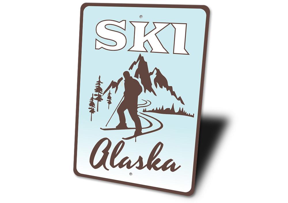 Ski Alaska Sign made of high-quality aluminum, featuring a beautiful design perfect for home decor.