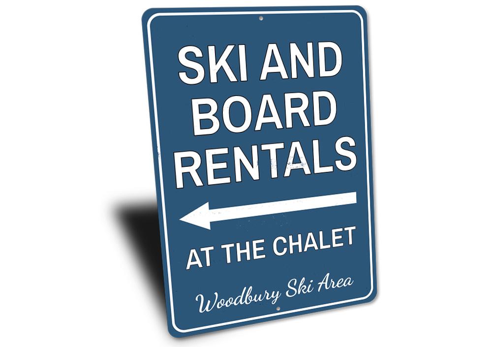 A decorative Ski & Board Rentals Sign made from high-quality aluminum, featuring customizable text and pre-drilled holes for easy mounting.