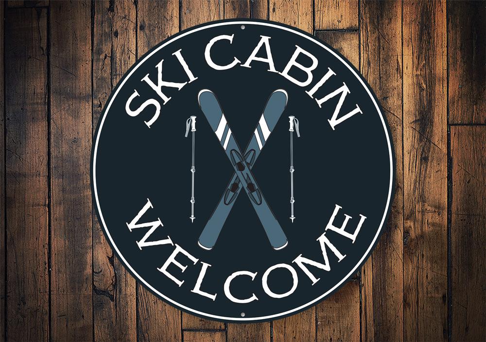 Ski Cabin Welcome Circle Sign made of high-quality aluminum, featuring a rustic design perfect for mountain homes.