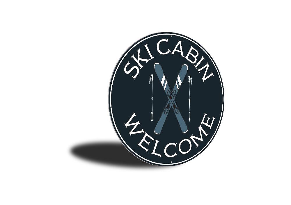 Ski Cabin Welcome Circle Sign made of high-quality aluminum, featuring a rustic design perfect for mountain homes.