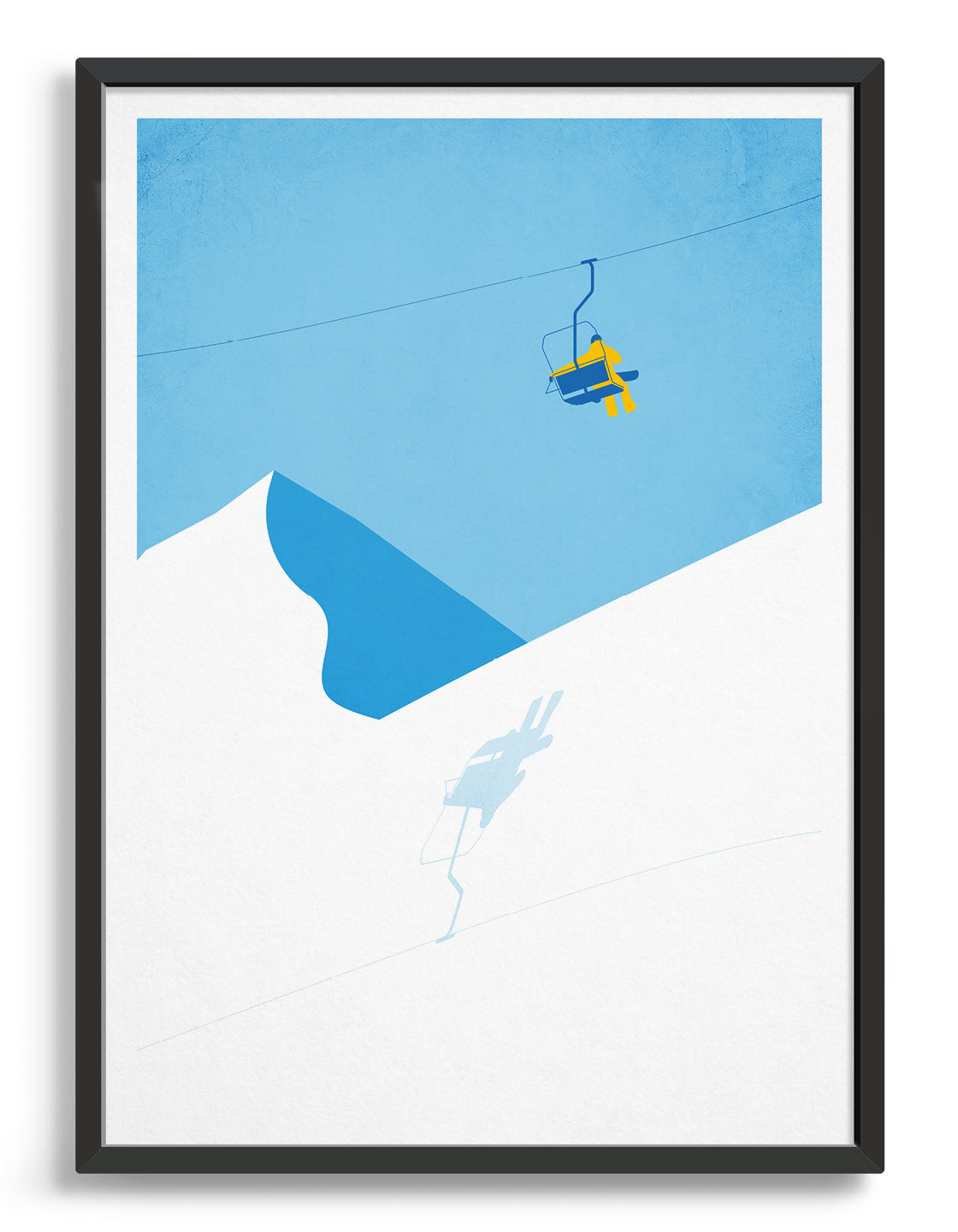 Modern ski chair art print featuring an old chairlift ascending a mountain against a blue sky.