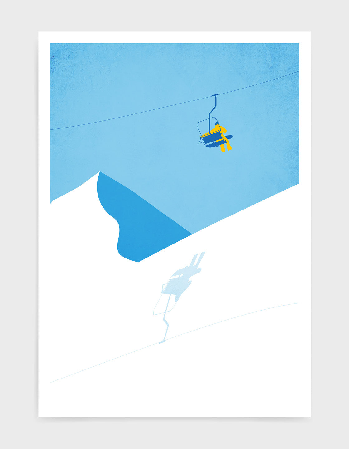 Modern ski chair art print featuring an old chairlift ascending a mountain against a blue sky.