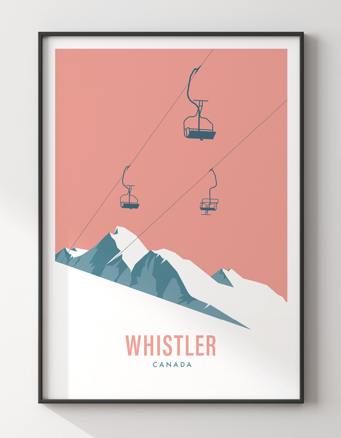 A contemporary minimalist ski chairlift art print featuring various ski resorts, showcasing a modern retro style.