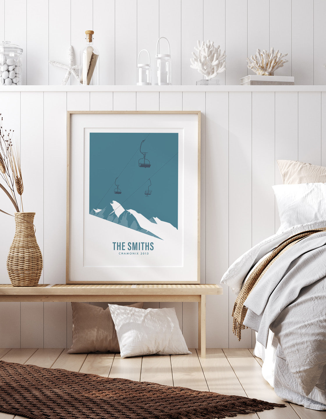 A contemporary minimalist ski chairlift art print featuring various ski resorts, showcasing a modern retro style.