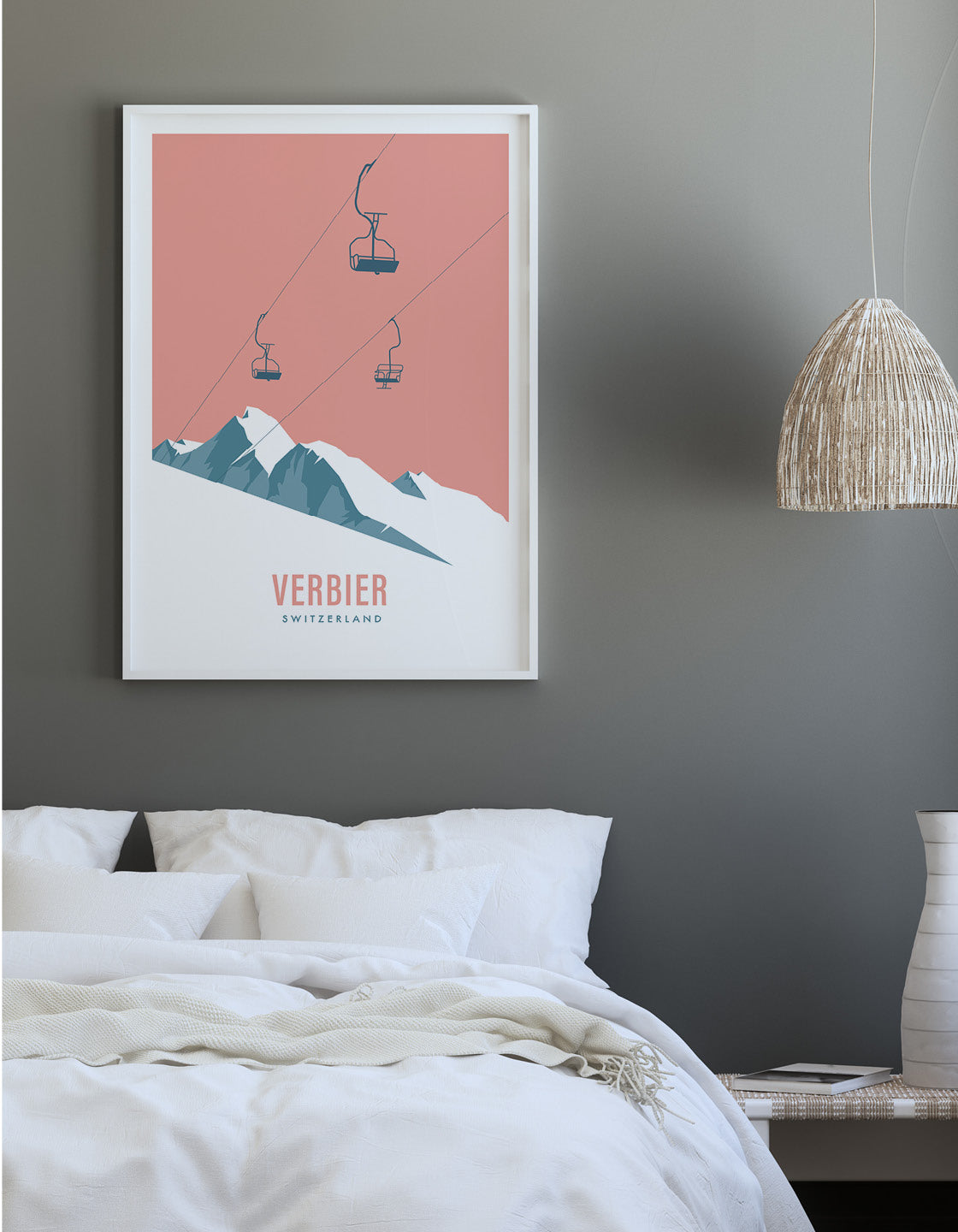 A contemporary minimalist ski chairlift art print featuring various ski resorts, showcasing a modern retro style.