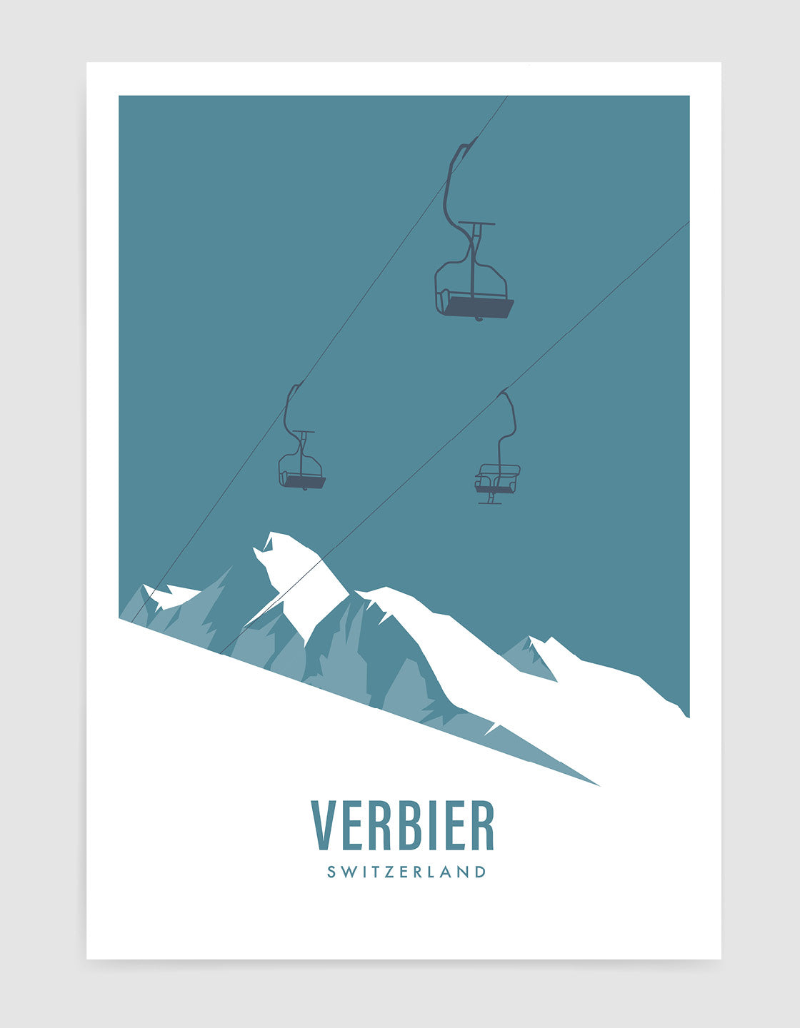 A contemporary minimalist ski chairlift art print featuring various ski resorts, showcasing a modern retro style.